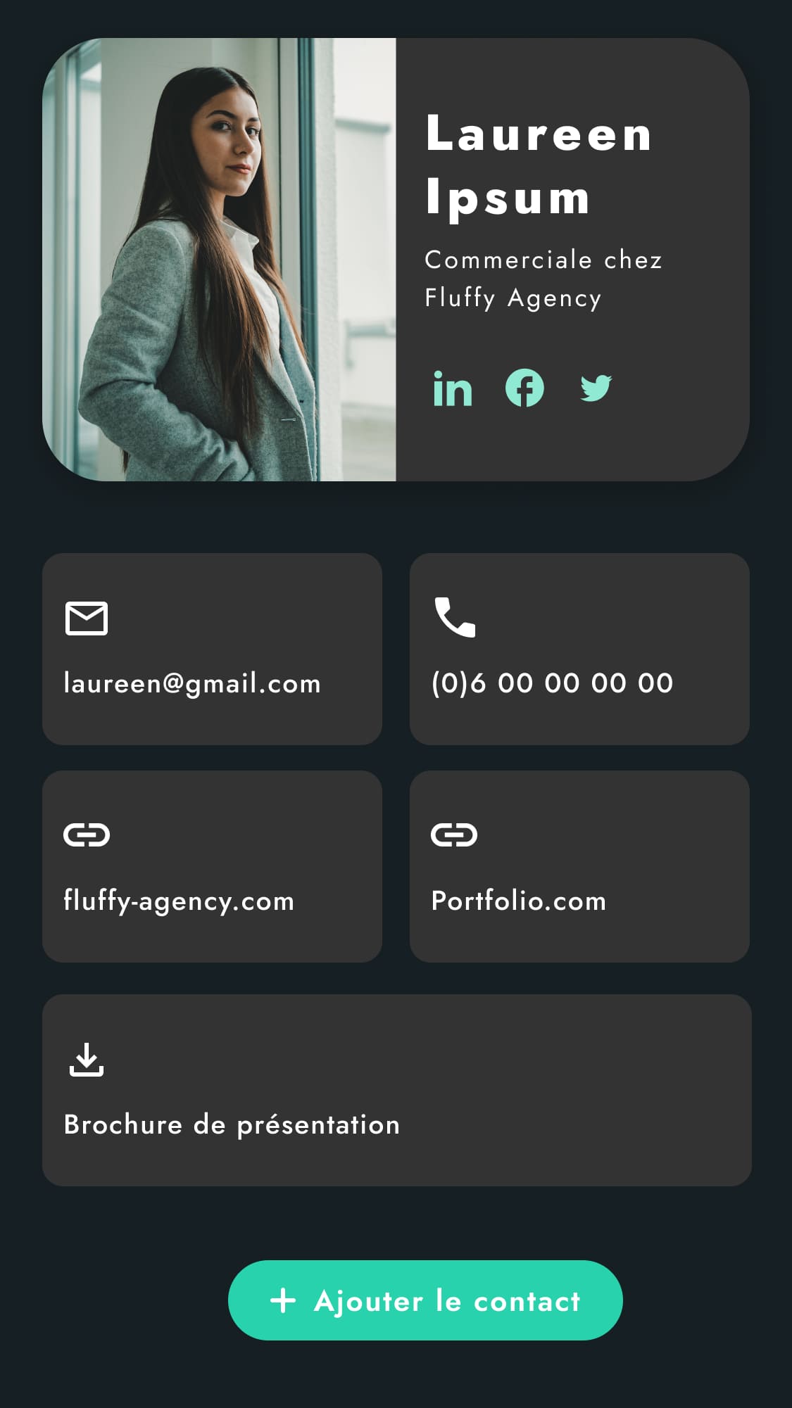 Interface de contact Laureen Ipsum, version sombre
