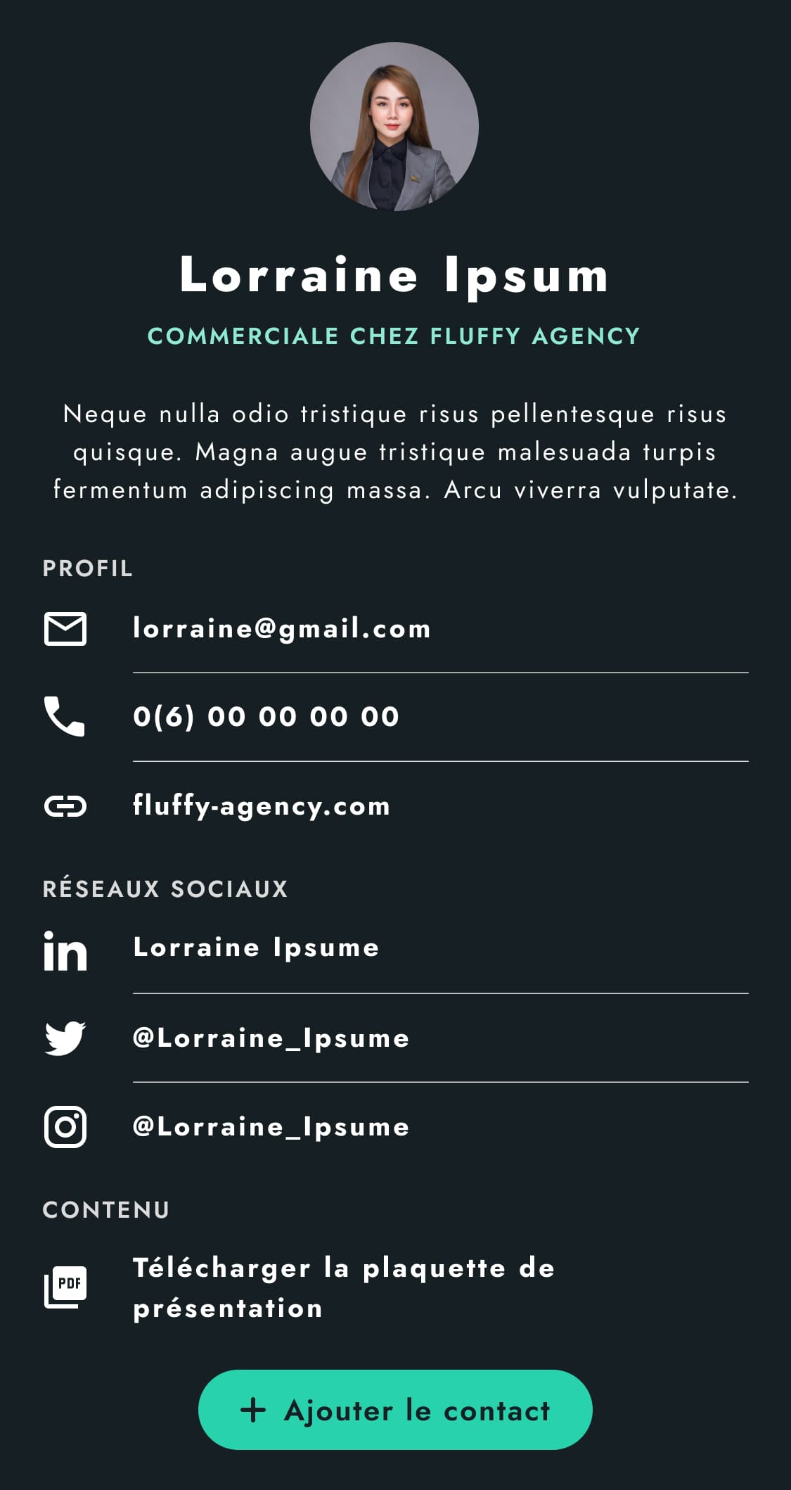 Interface de contact Lorraine Ipsum, version sombre