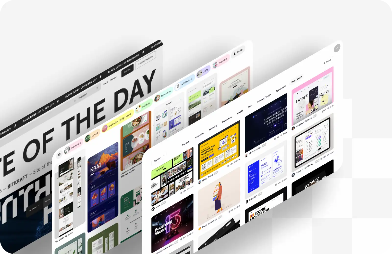3 écrans de sites d'inspiration design superposés