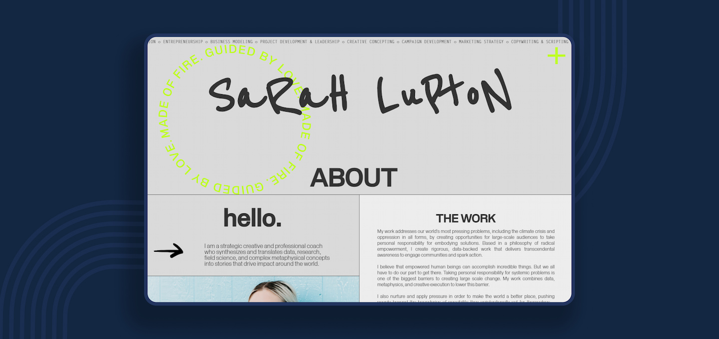Le site web portfolio de Sarah Lupton, une strategic creative designer