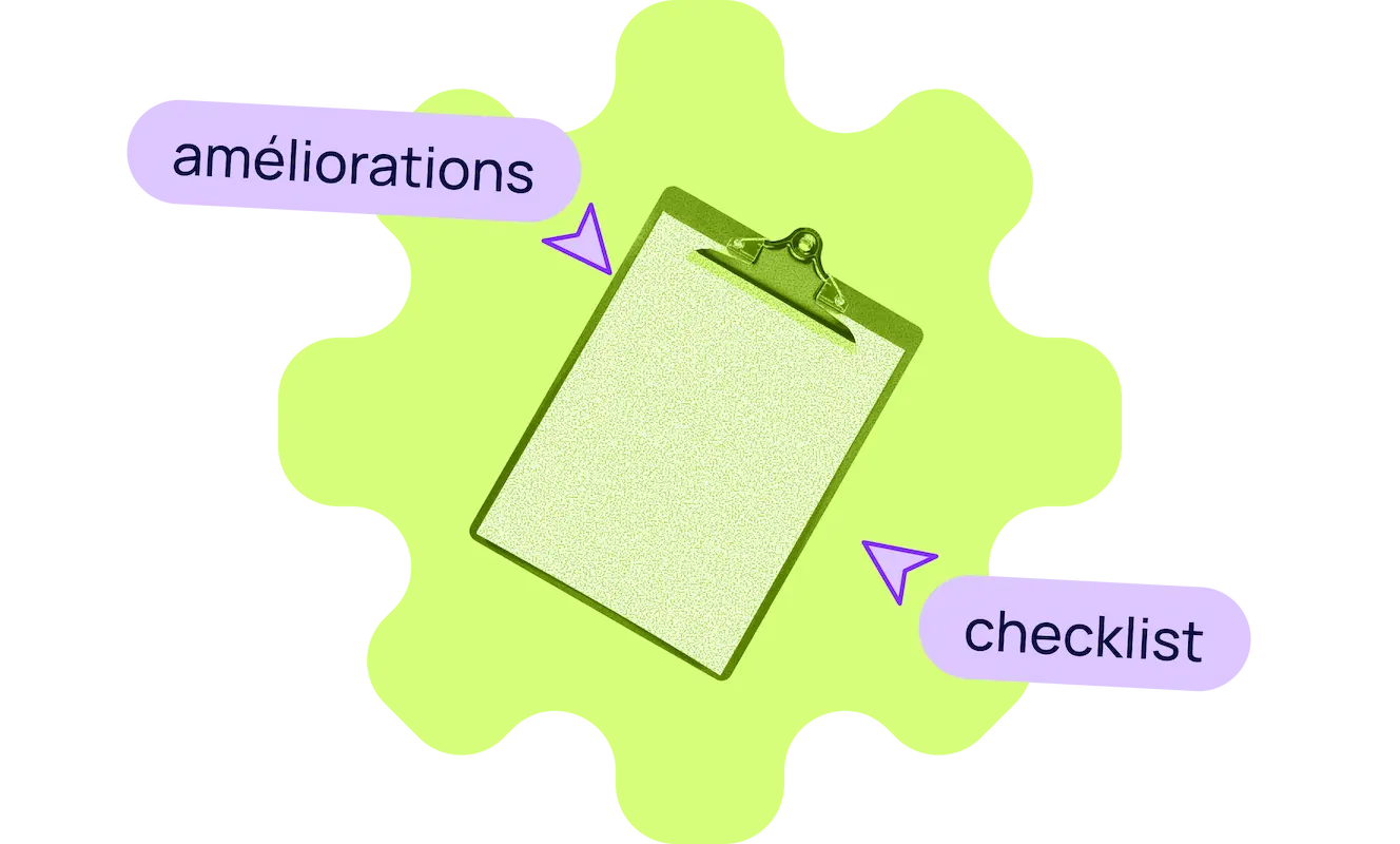 Calepin en fond avec les textes "améliorations" et "checklist"