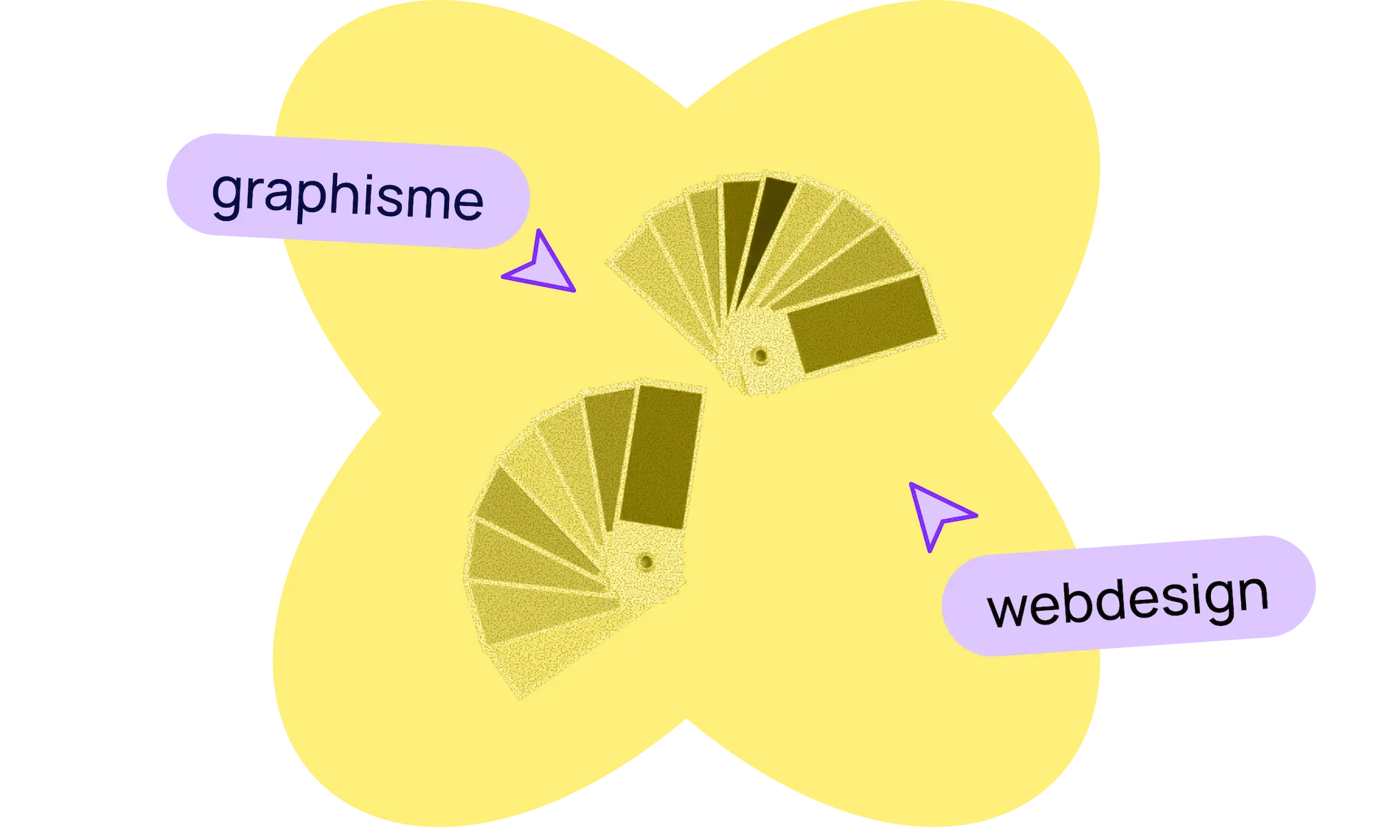 Éventail Pantone en fond avec les textes "graphismes" et "webdesign"