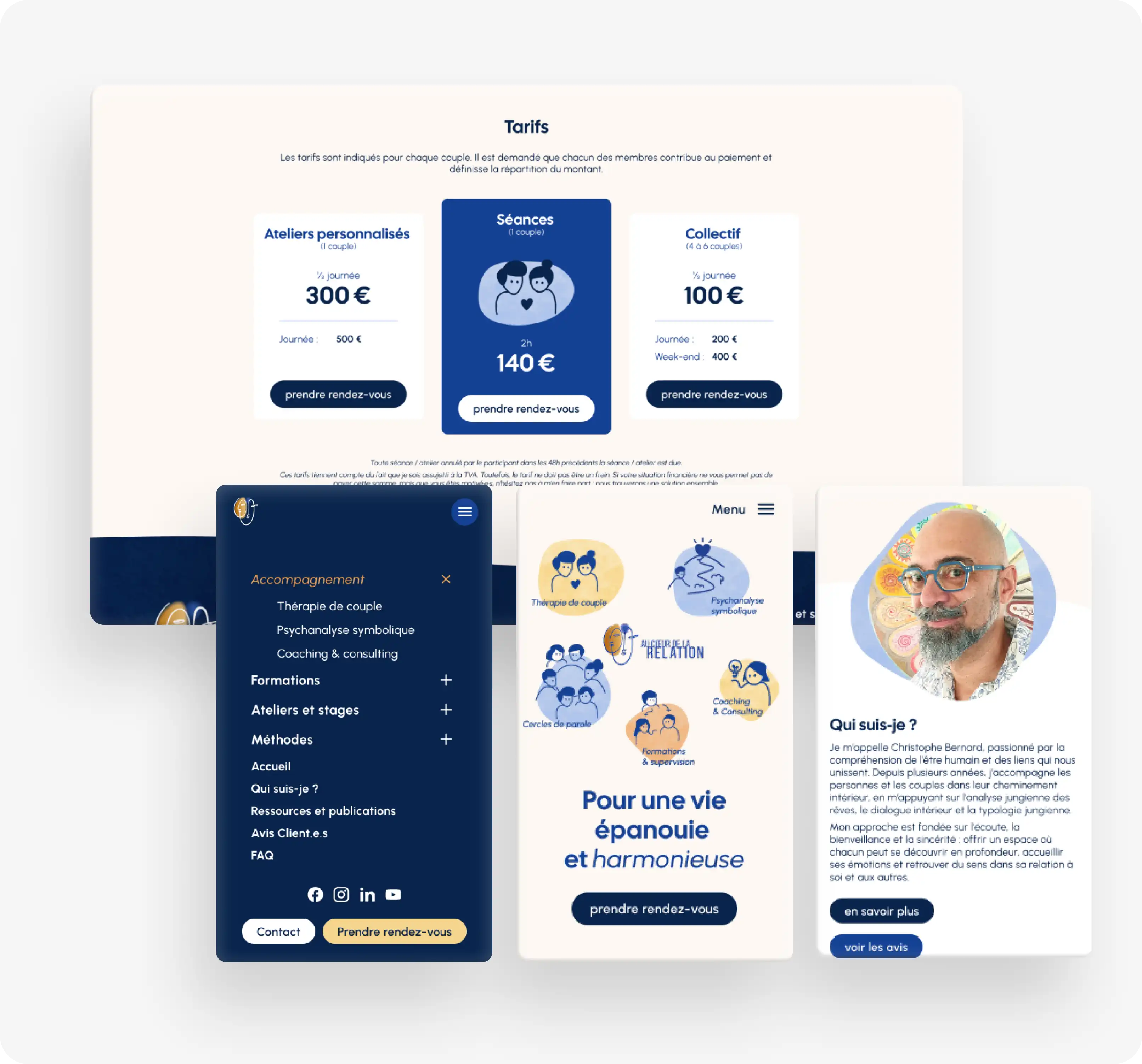 Page tarifs du site Au cœur de la Relation affichant trois formules (ateliers personnalisés, séances, collectif) et trois captures mobiles montrant le menu de navigation, la page d'accueil avec illustrations et la section "Qui suis-je ?" avec portrait de Christophe Bernard