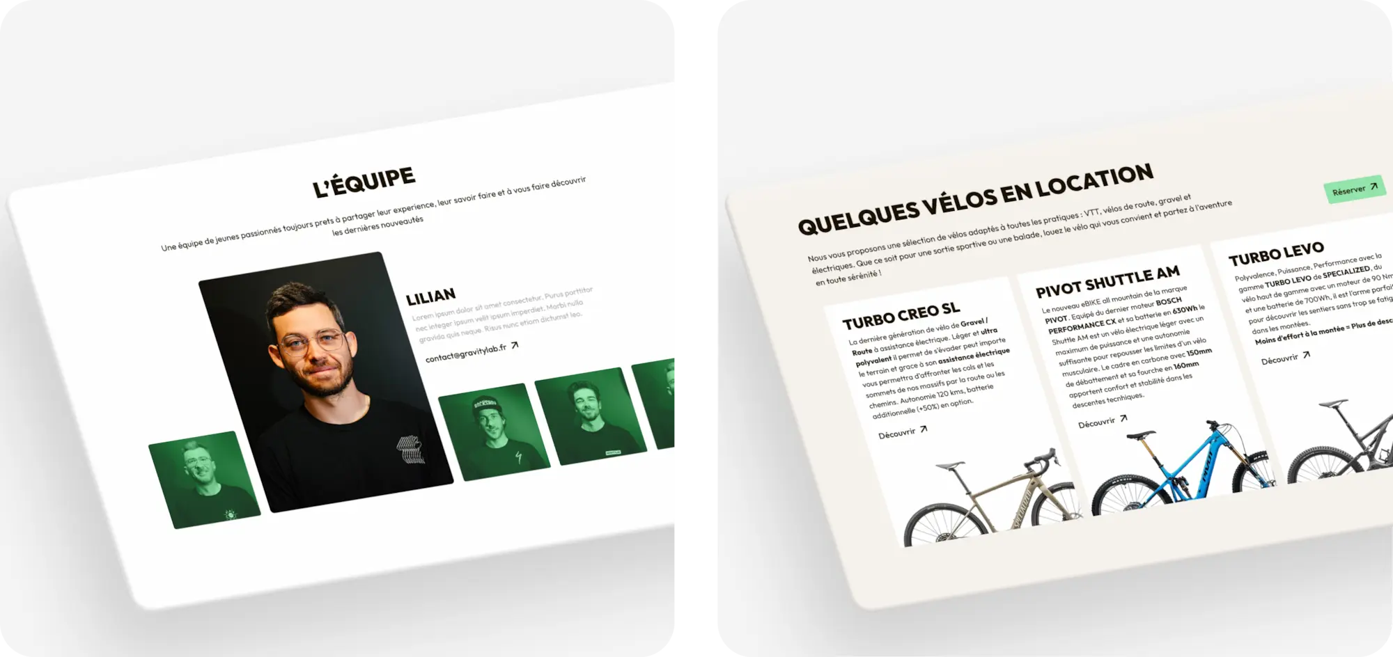 Deux captures desktop du site Gravitylab : à gauche, la section équipe avec portrait de Lilian et photos des autres membres sur fond sombre ; à droite, la page catalogue des vélos en location présentant le Turbo Creo SL, le Pivot Shuttle AM et le Turbo Levo avec leurs descriptions techniques