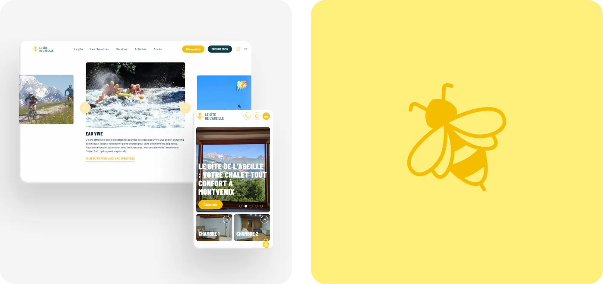 Page activités du site Le Gîte de l'Abeille montrant une section eau vive avec photos de rafting et parapente, vue mobile du hero, et logo de l'abeille stylisé en jaune sur fond jaune