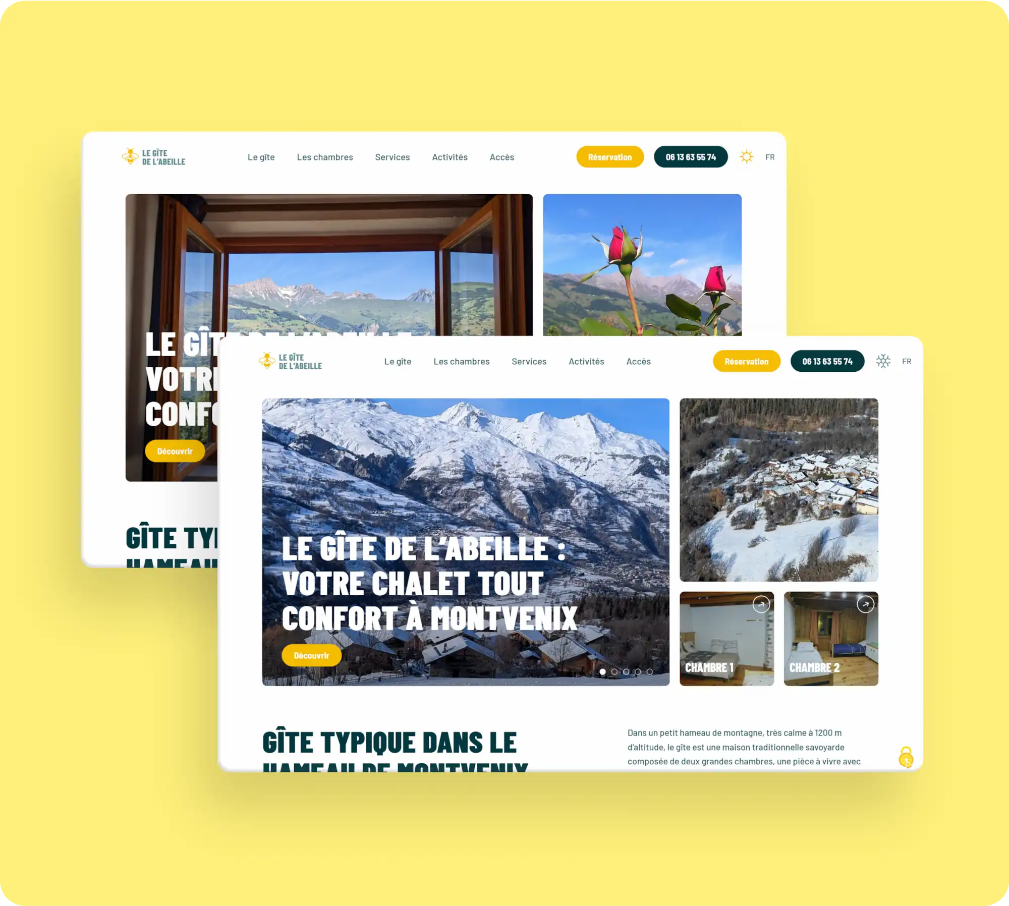 Deux captures desktop du site Le Gîte de l'Abeille superposées : version été avec vue depuis la fenêtre sur prairie alpine, et version hivernale avec le hameau de Montvenix enneigé et vue aérienne du village