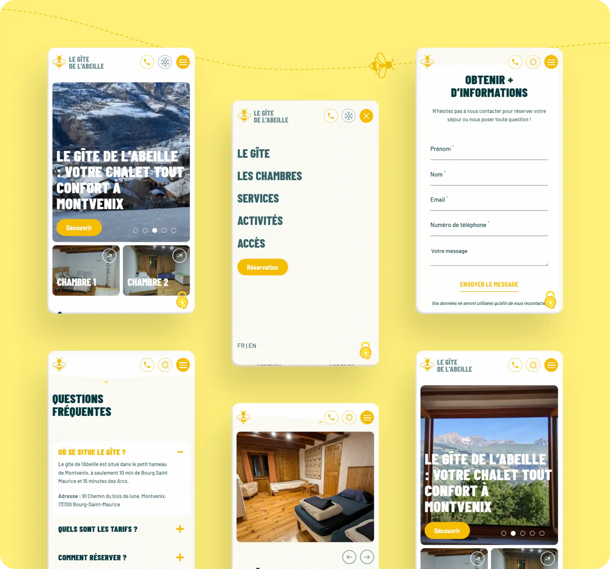 Mosaïque de six captures mobiles du site Le Gîte de l'Abeille : hero en hiver, menu de navigation, formulaire de contact, FAQ avec questions sur la localisation et les tarifs, photo d'une chambre et hero en été