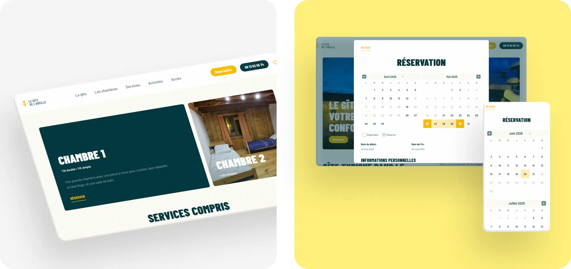Page chambres du site Le Gîte de l'Abeille avec présentation des Chambre 1 et Chambre 2, et module de réservation en ligne affichant un calendrier de disponibilité