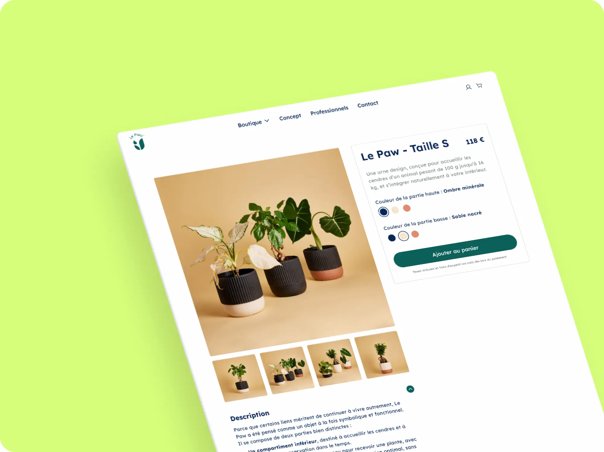 Page produit du site Le Paw présentant l'urne design « Le Paw - Taille S » à 118 €, avec options de couleurs et bouton d'ajout au panier