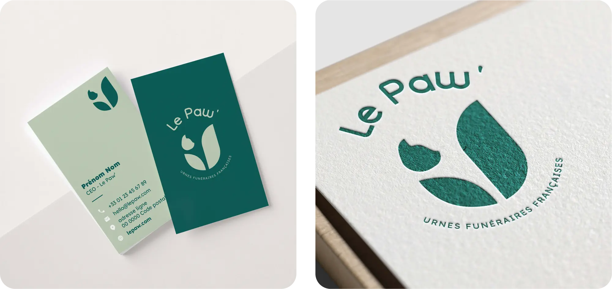 Logo Le Paw sur différents supports d'impression : carte de visite et embossage