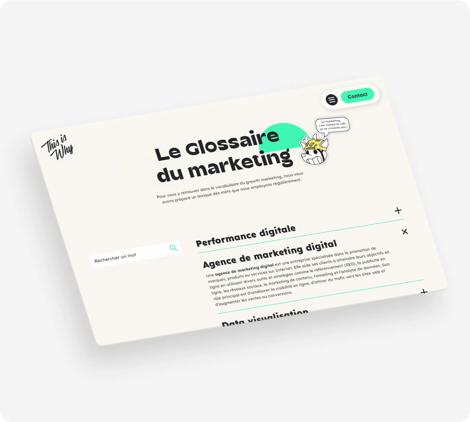 Vue desktop de la page Glossaire du marketing de This Is Why, avec la mascotte illustrée en coin, un champ de recherche et des définitions dépliables comme "Agence de marketing digital"