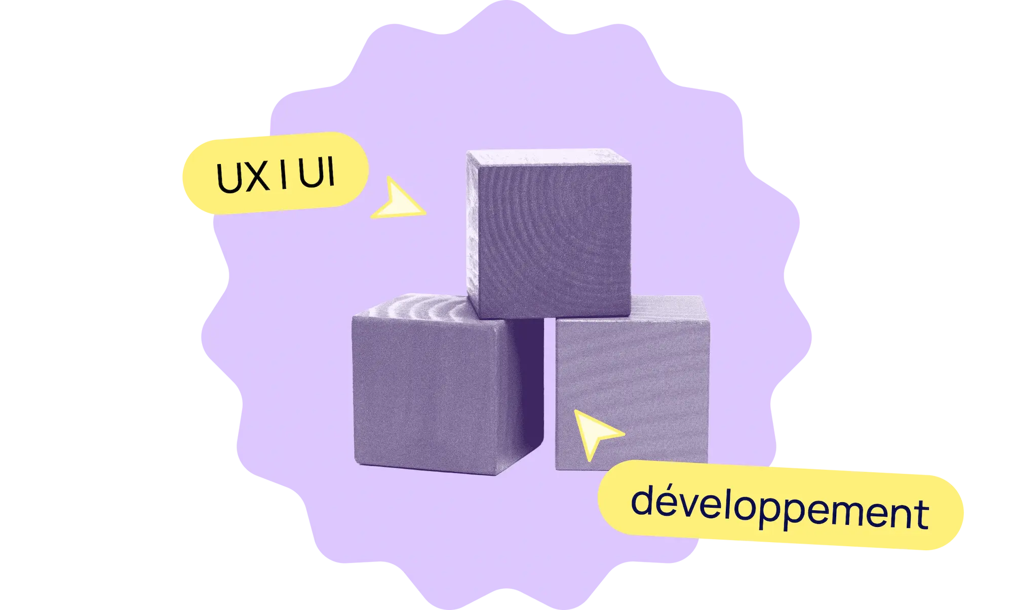 Cube en bois en fond avec les textes "UX UI" et "développement"