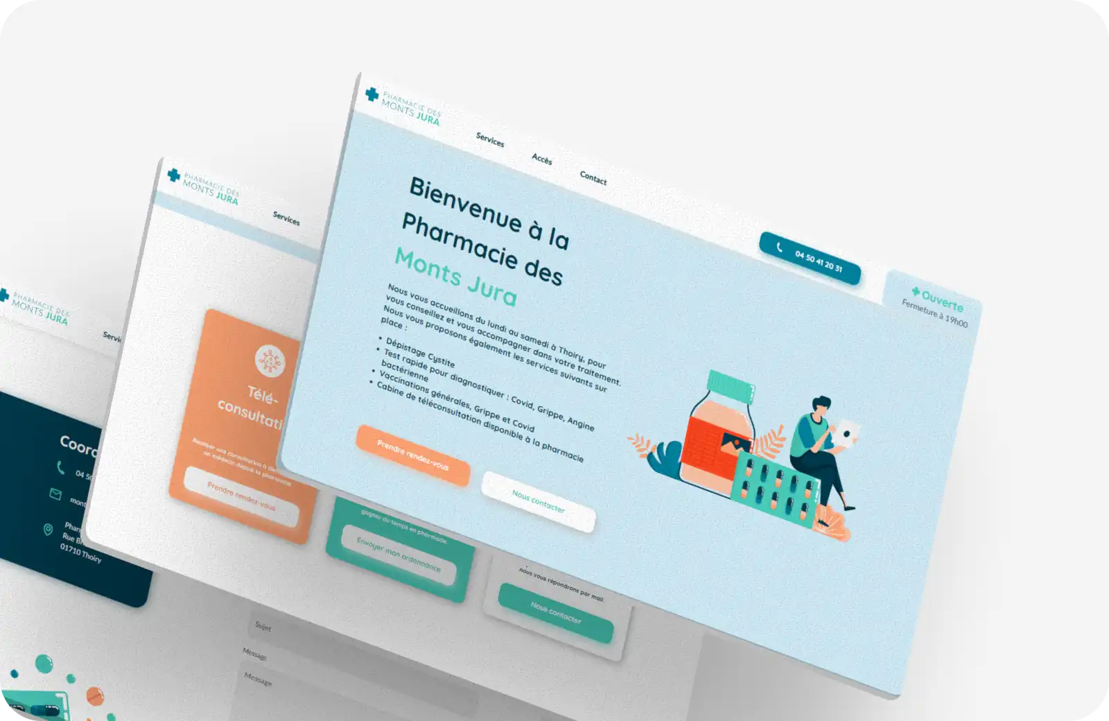 3 écrans du webdesign de la pharmacie des Monts Jura superposés