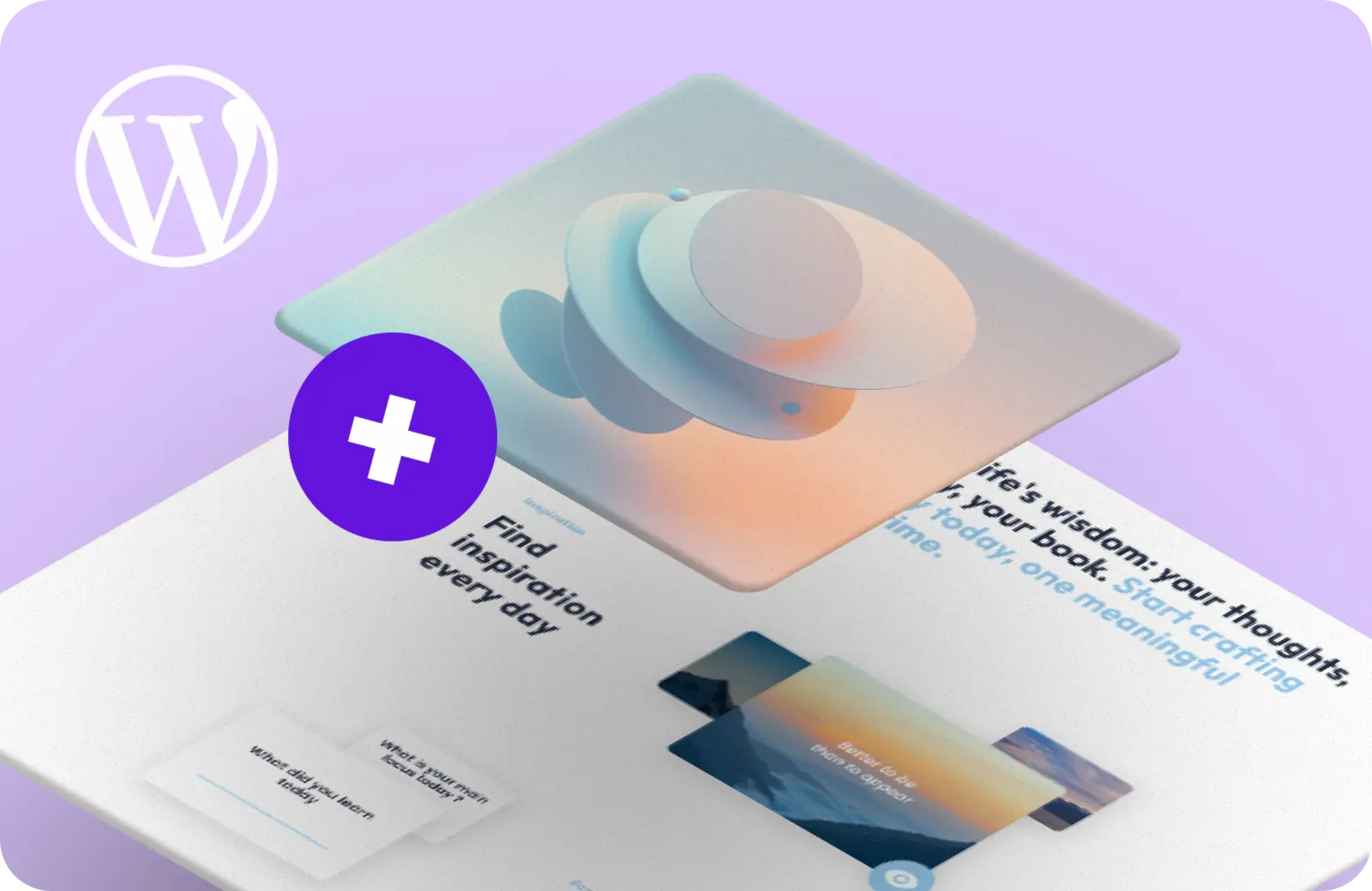 Webdesign d'une page de site avec un + vectoriel, qui est sur une photo présentant un motif 3D abstrait superposée dessus. Avec logo WordPress