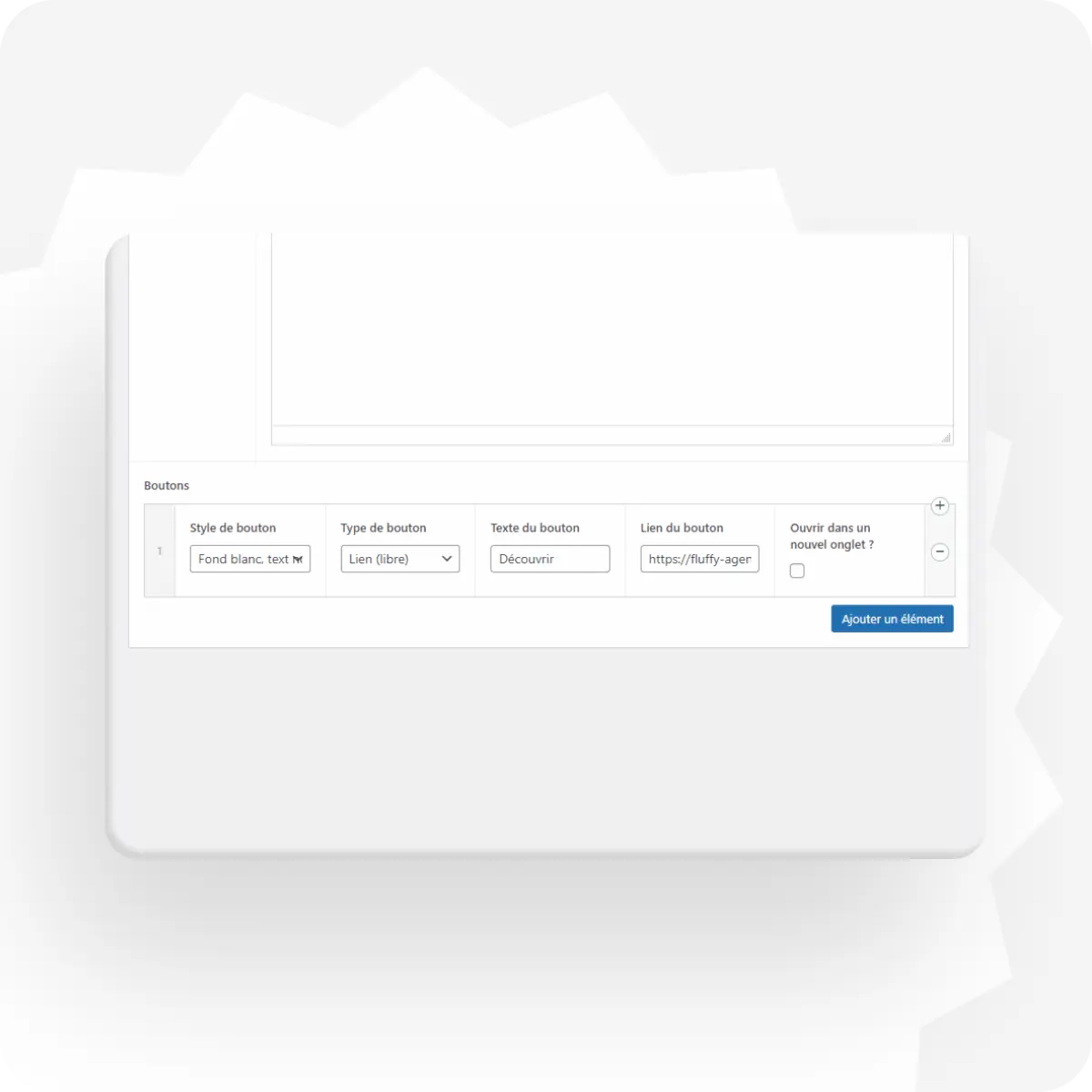 Capture d'écran du back office WordPress et zoom sur l'encart "Boutons" et "lien du bouton" qui est en lien libre