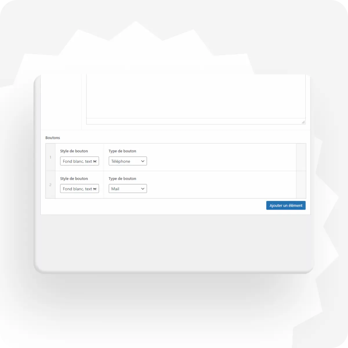 Capture d'écran du back office WordPress et zoom sur l'encart "Boutons" et "style du bouton"