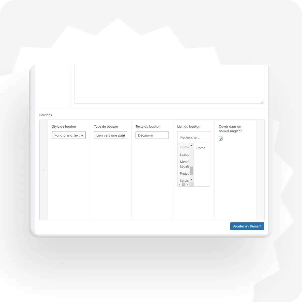 Capture d'écran du back office WordPress et zoom sur l'encart "Boutons" et "lien du bouton"