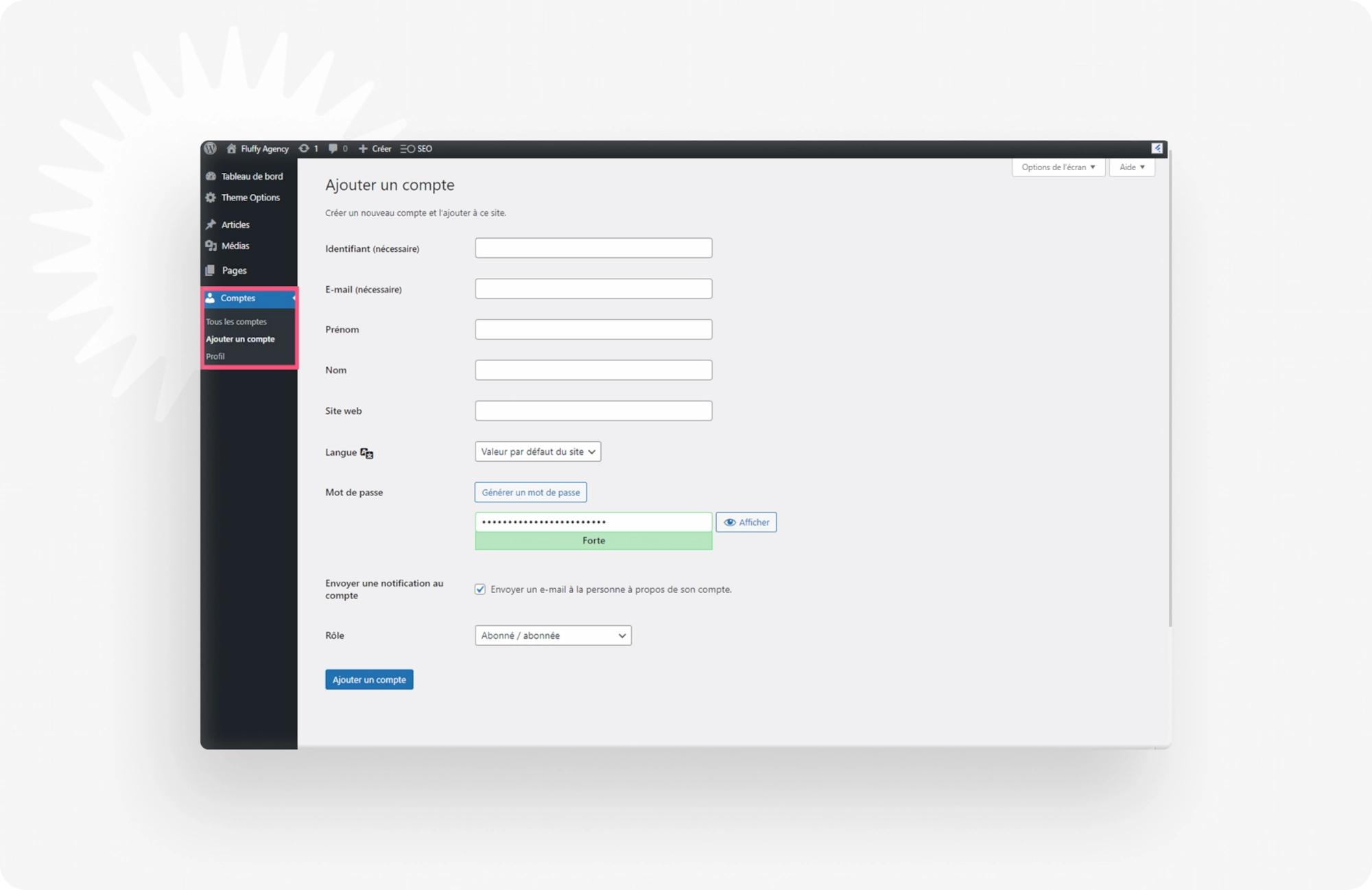 Capture d'écran de la page Ajouter un compte, du back office WordPress, avec le menu "Comptes" entouré