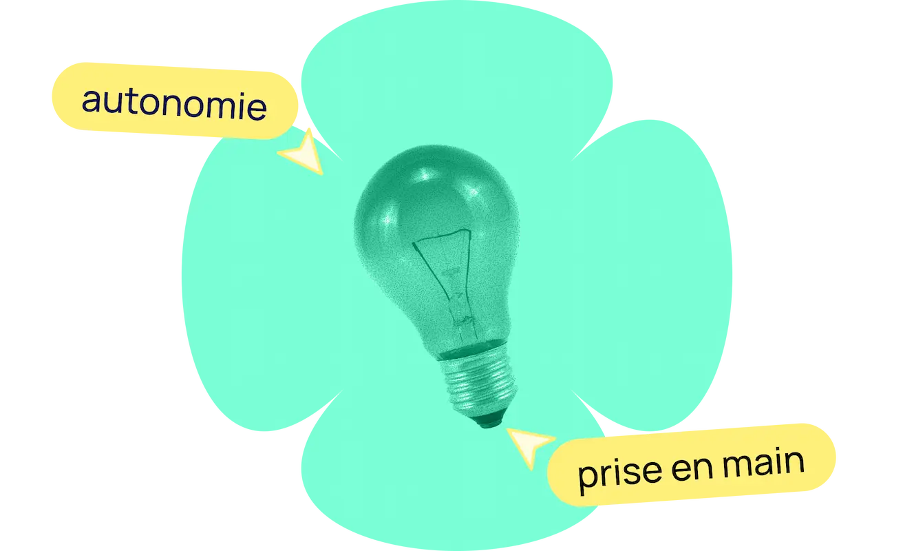 Ampoule en fond avec les textes "autonomie" et "prise en main"