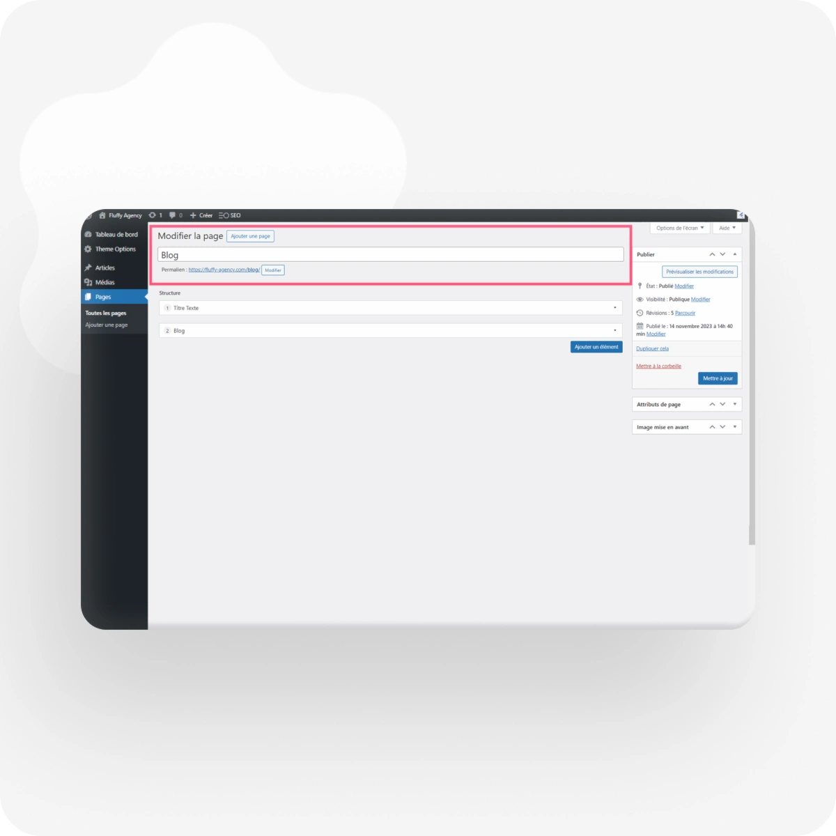 Capture d'écran du back office WordPress, avec l'encart "Modifier la page" entouré