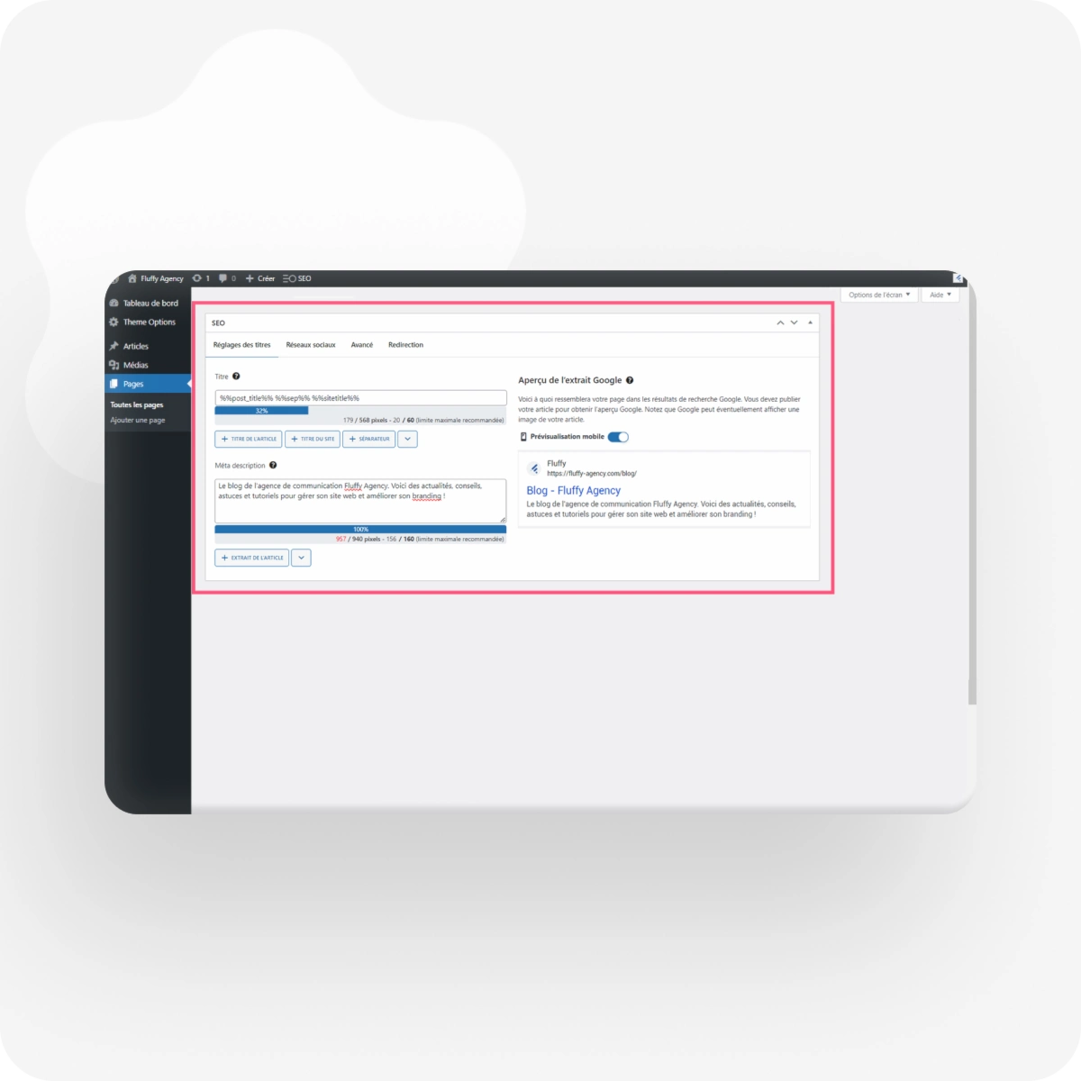 Capture d'écran du back office WordPress, avec l'encart "SEO" entouré