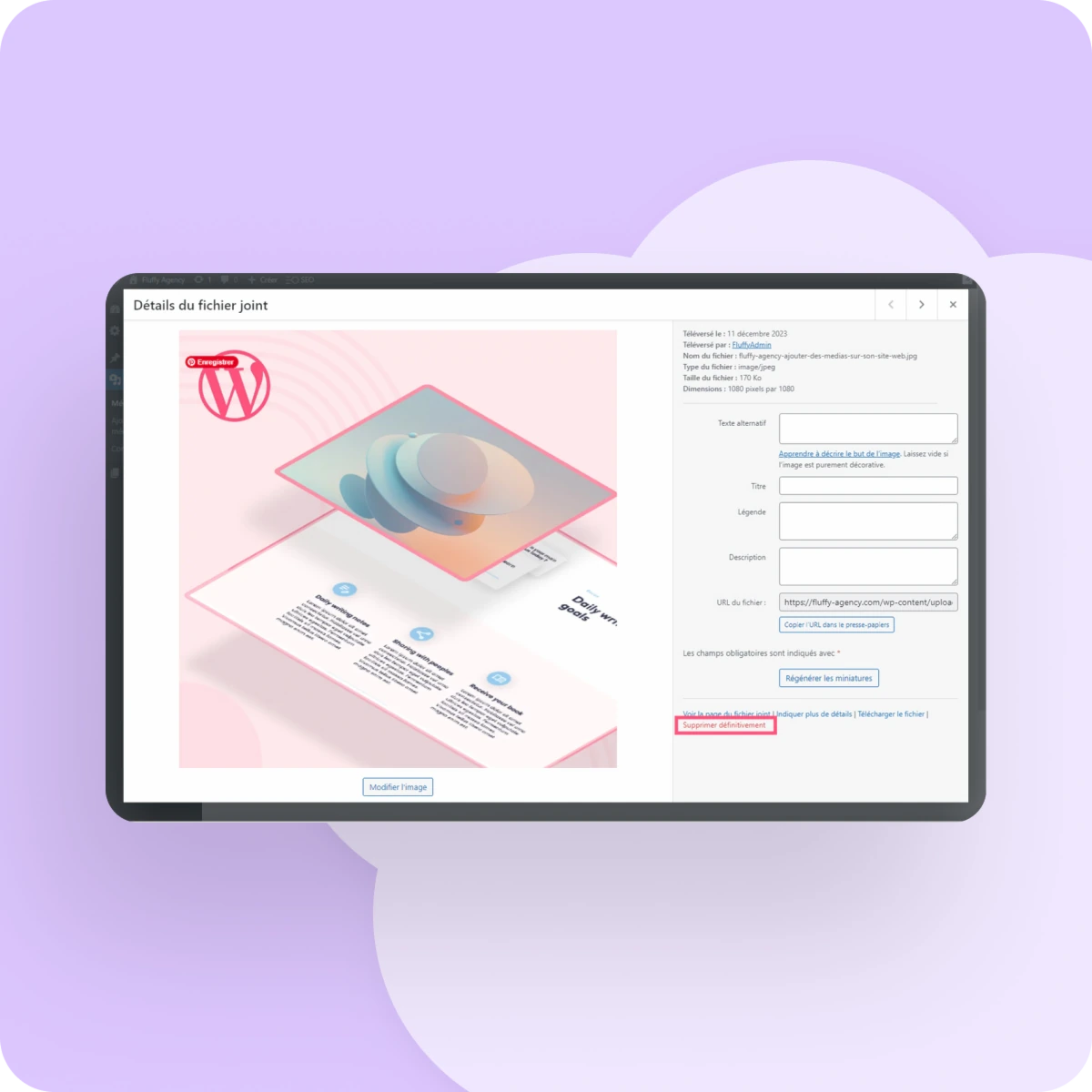 Capture d'écran de la page d'ajout d'un média, du back office WordPress, avec l'encart "Supprimer définitivement" entouré