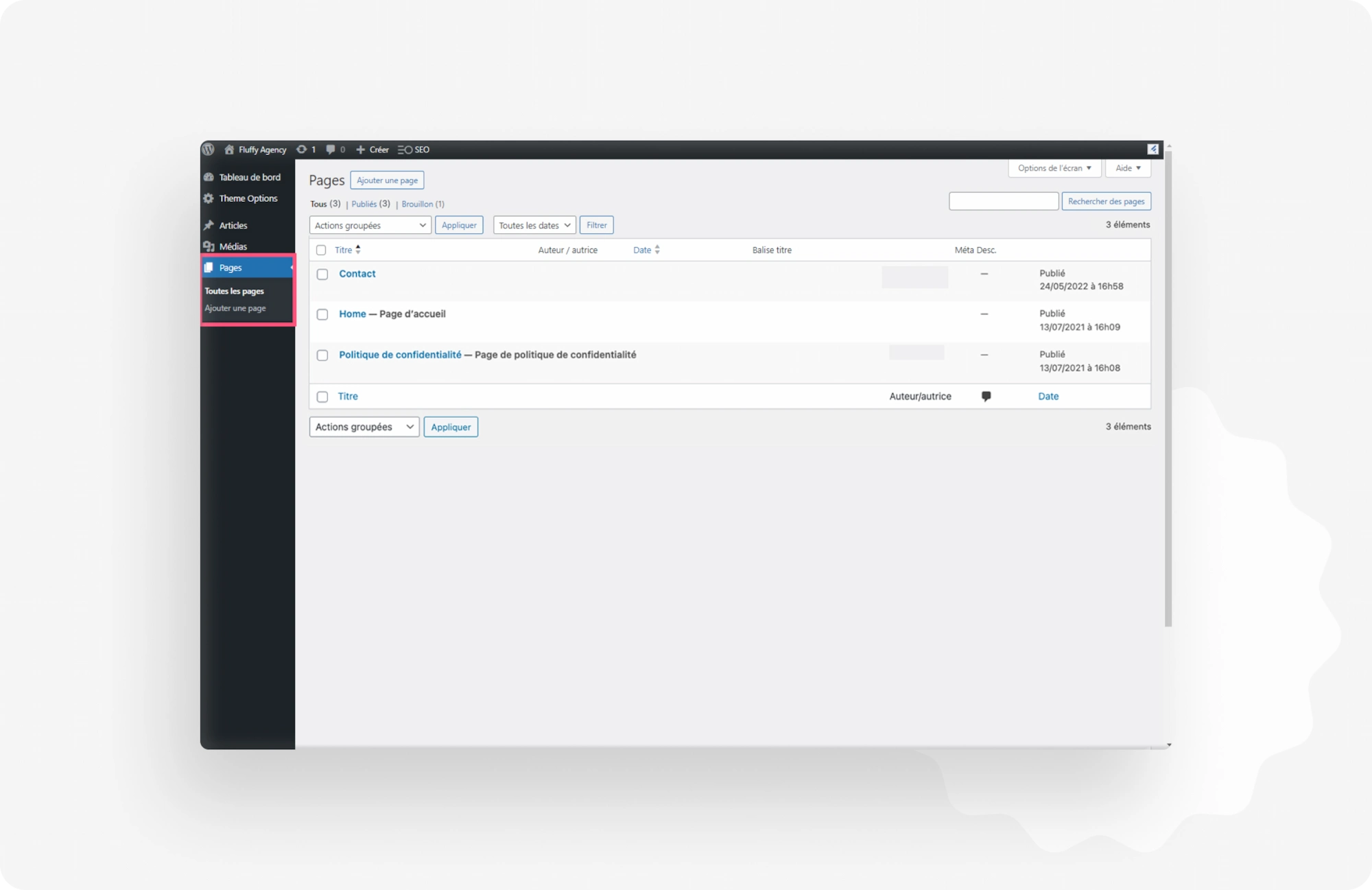 Capture d'écran de la page "Toutes les pages" du back office WordPress, avec le menu "Pages" entouré
