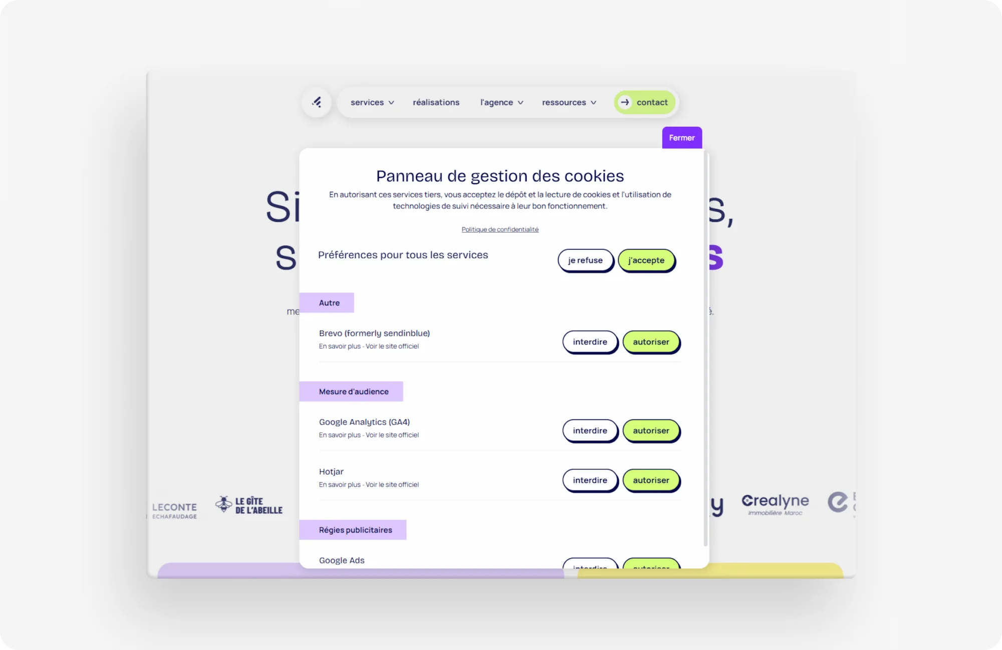Capture d'écran des options de Cerise de l'outil RGPD de Fluffy Agency
