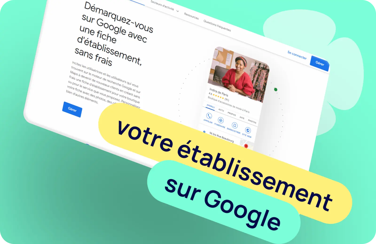 Présentation de la page d'accueil Google Business, avec les textes "votre établissement sur Google"