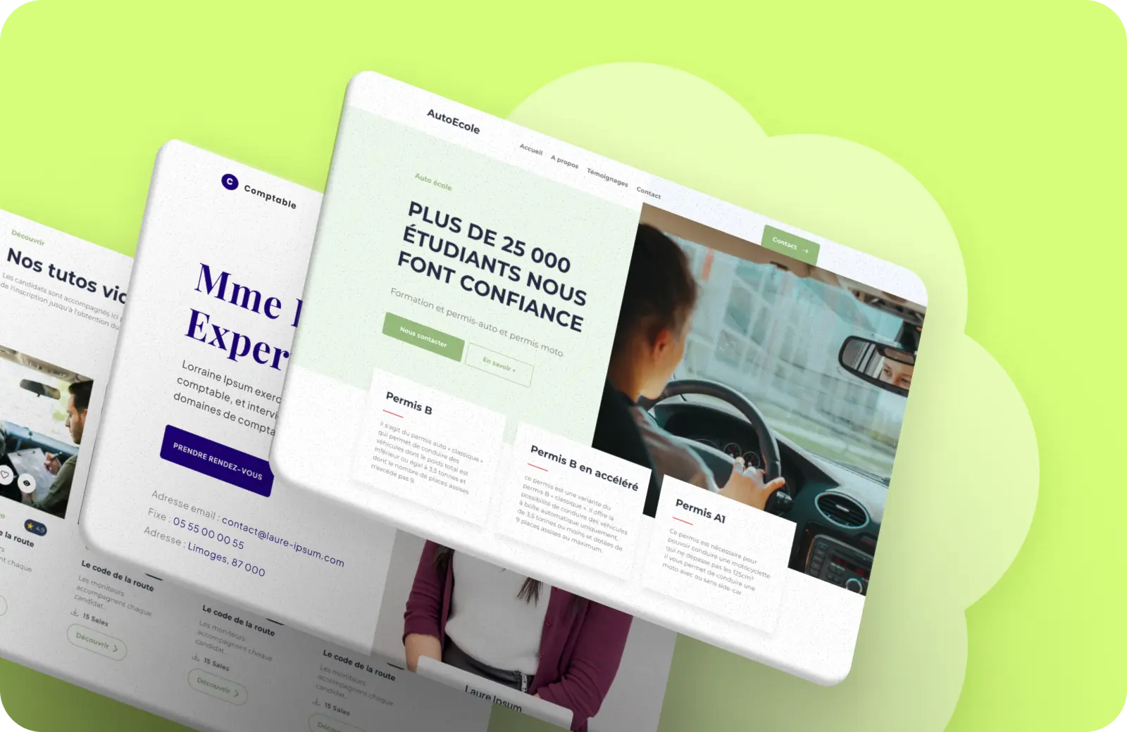 3 images de pages d'accueil de sites vitrines superposées