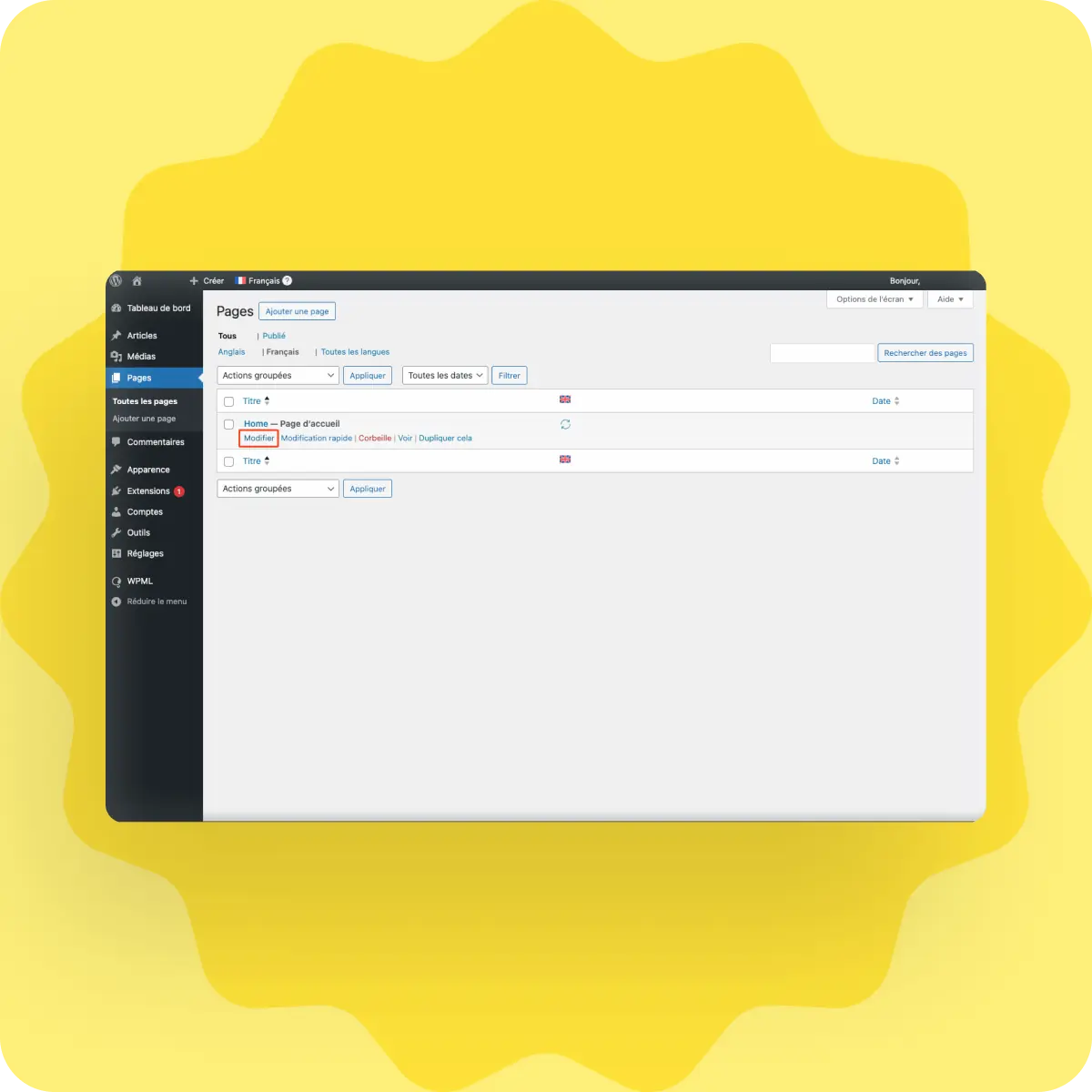 Capture d'écran de la page "Toutes les pages" du back office WordPress avec le bouton "Modifier" entouré