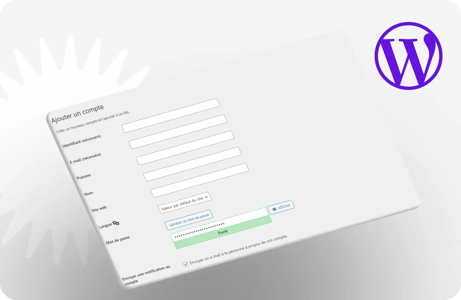 Capture d'écran de la page "Ajouter un compte" du back office WordPress