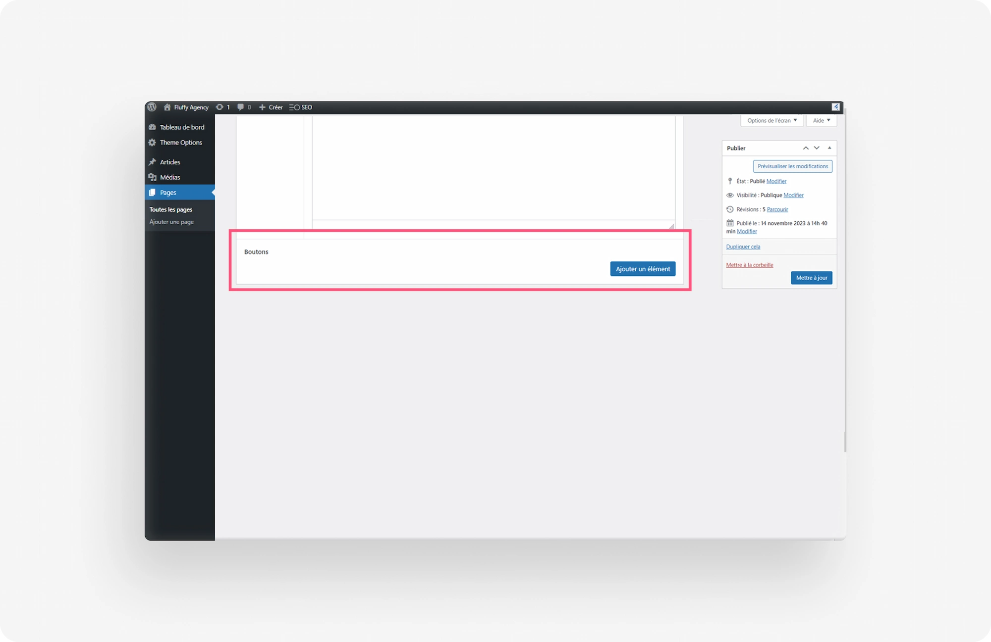 Capture d'écran du back office WordPress et zoom sur l'encart "Boutons" et sur le bouton "Ajouter un élément"