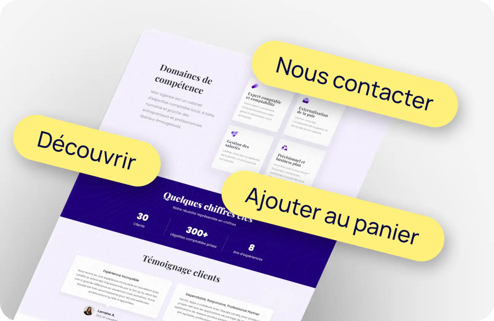 Capture d'écran d'un site web vitrine avec les mots "nous contacter", "découvrir" et "ajouter au panier" superposés