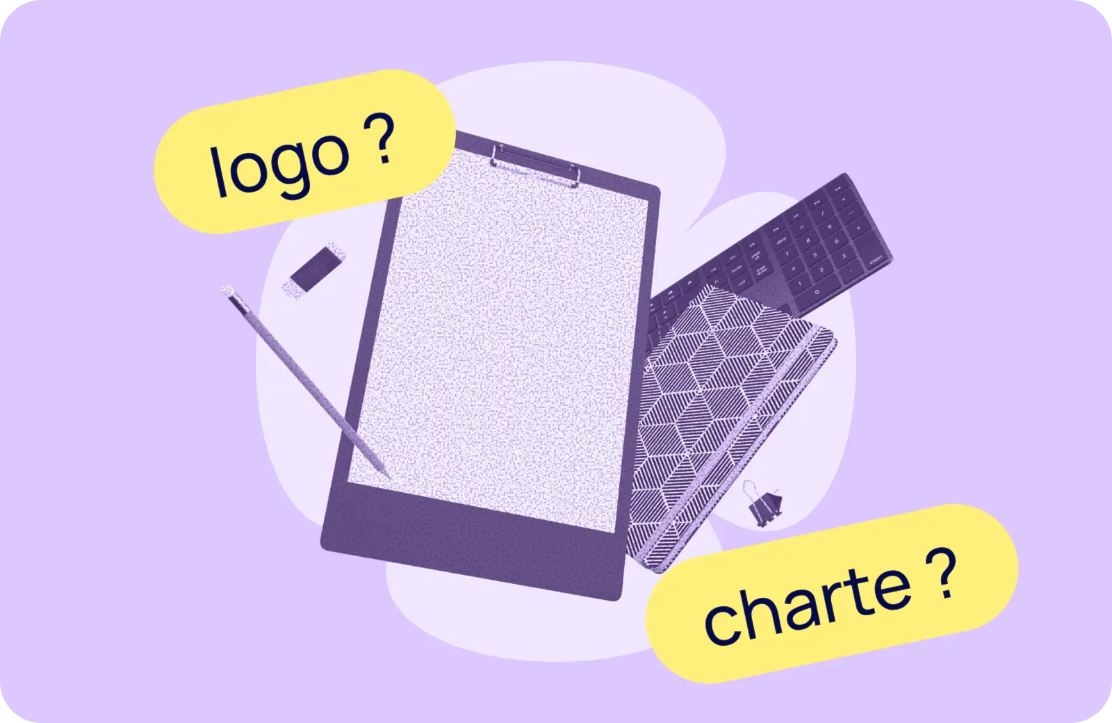 Objets qui flottent : tablette, carnet, clavier, clé USB. Avec les mots "logo ?" et "Charte"