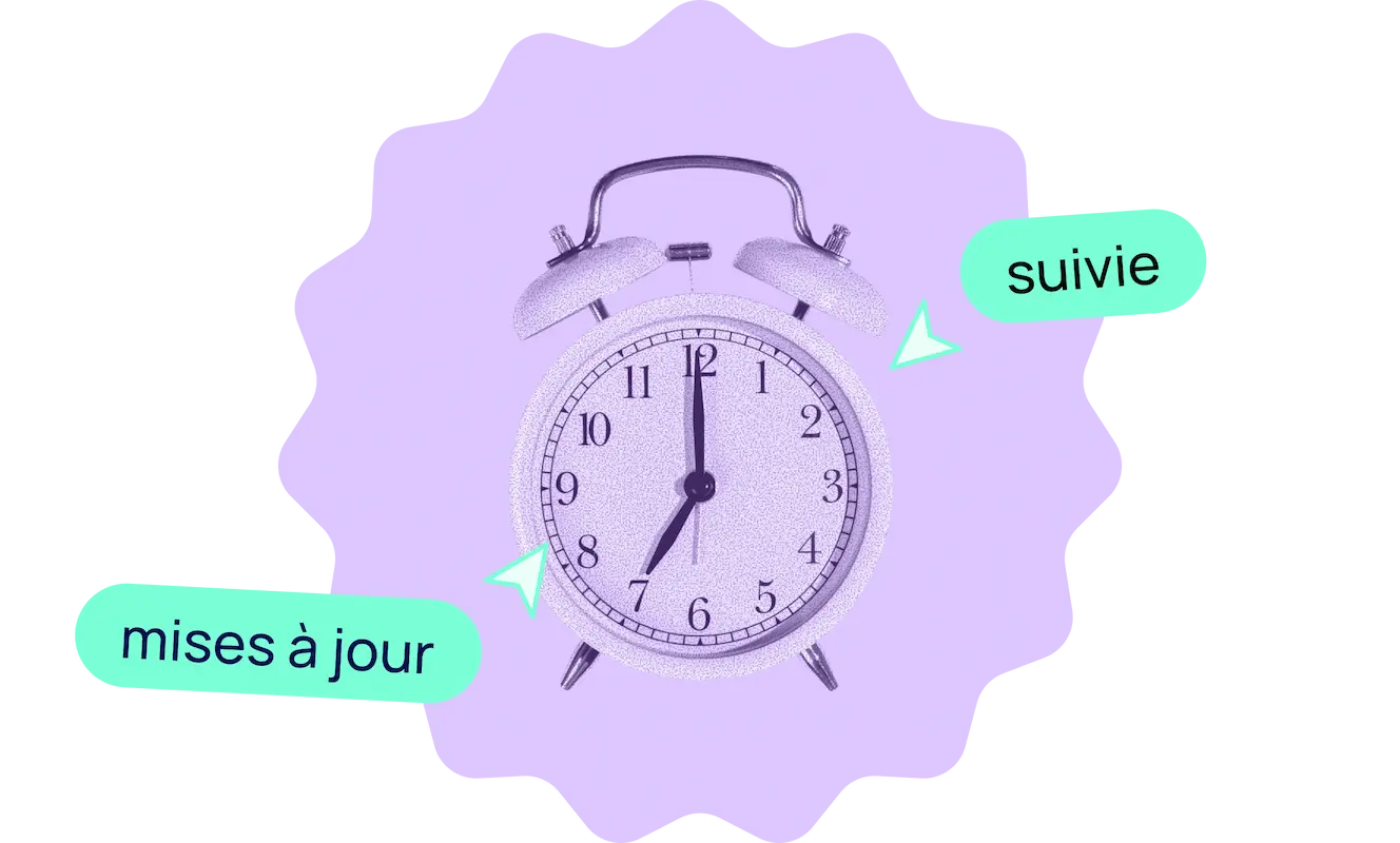 Réveil en fond avec les textes "mises à jour" et "suivie"