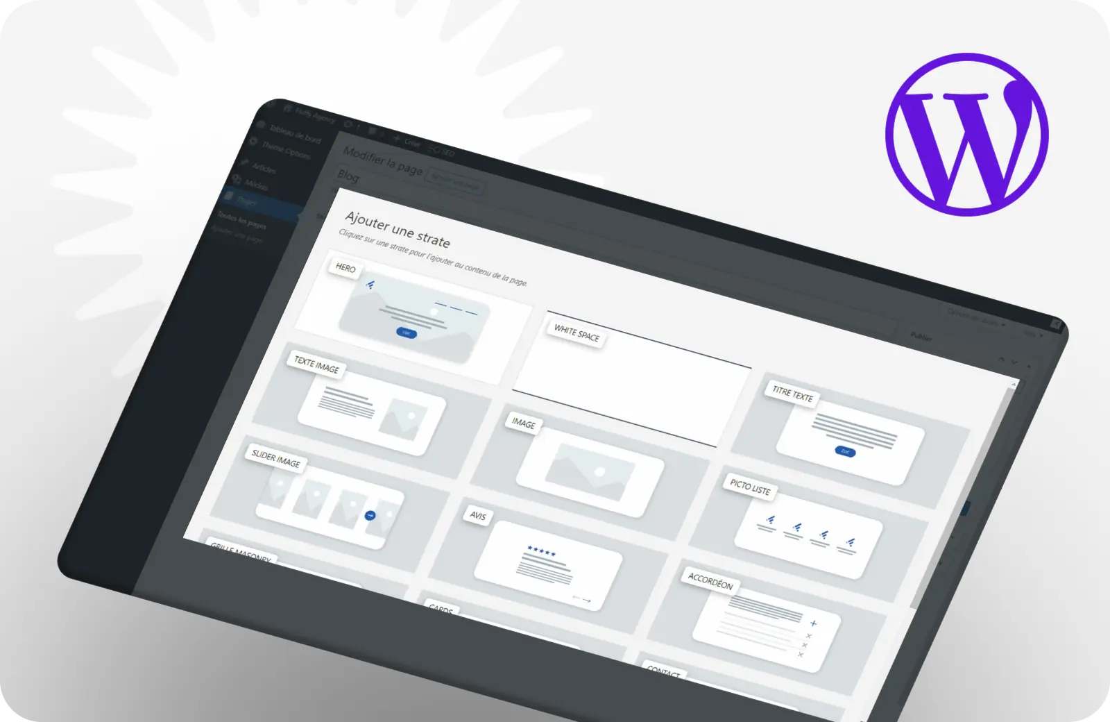Capture d'écran du choix des différents modules sur le back office WordPress avec logo WordPress