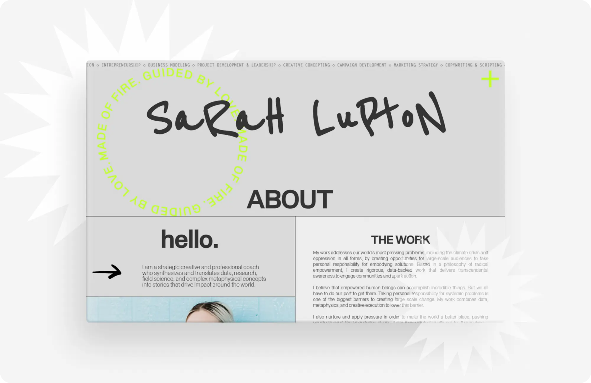 Présentation et capture d'écran, du portfolio de la créatrice Sarah Lupton