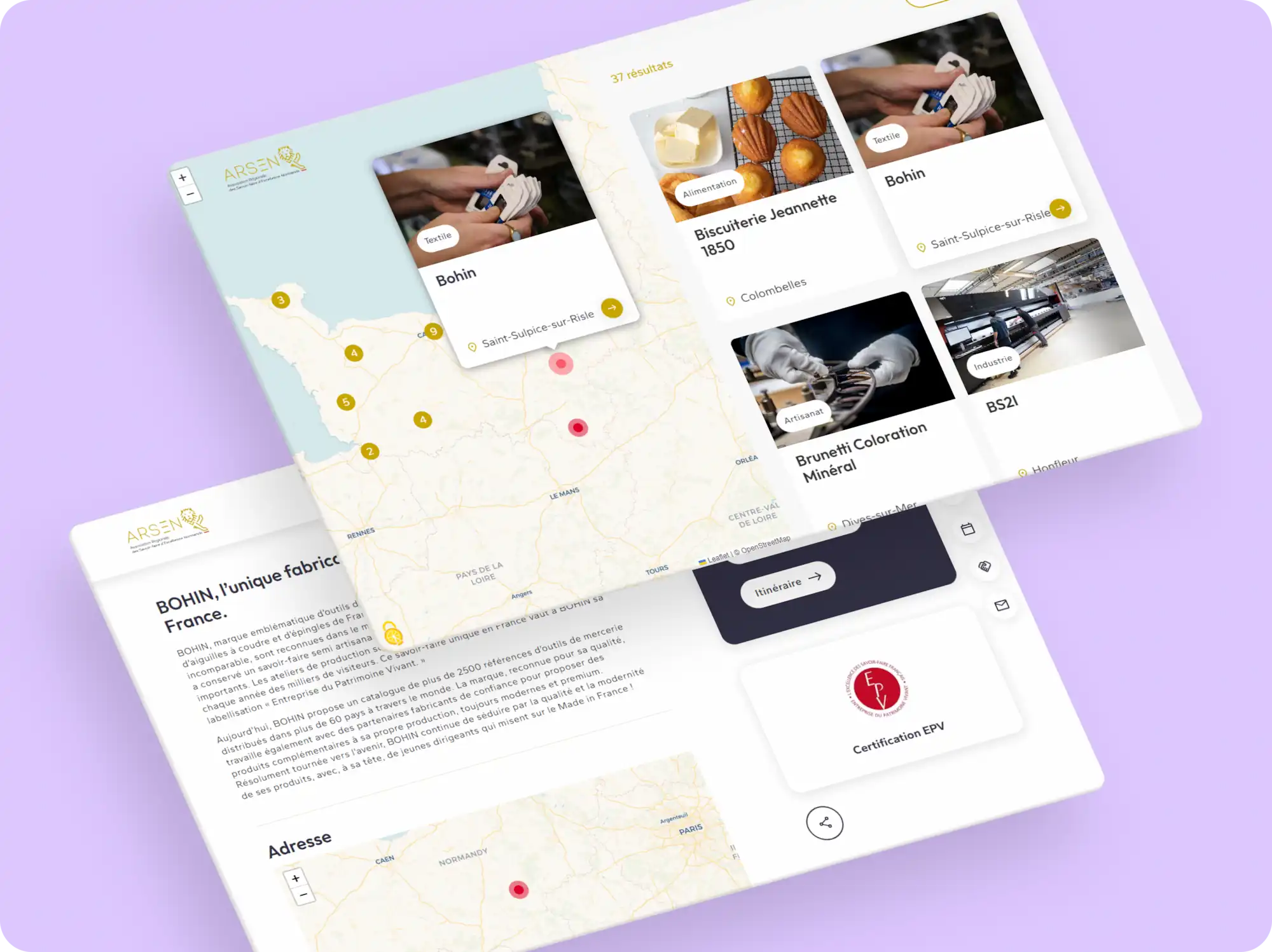 Deux pages du site web de l'ARSEN : carte interactive des membres et détail d'un membre.