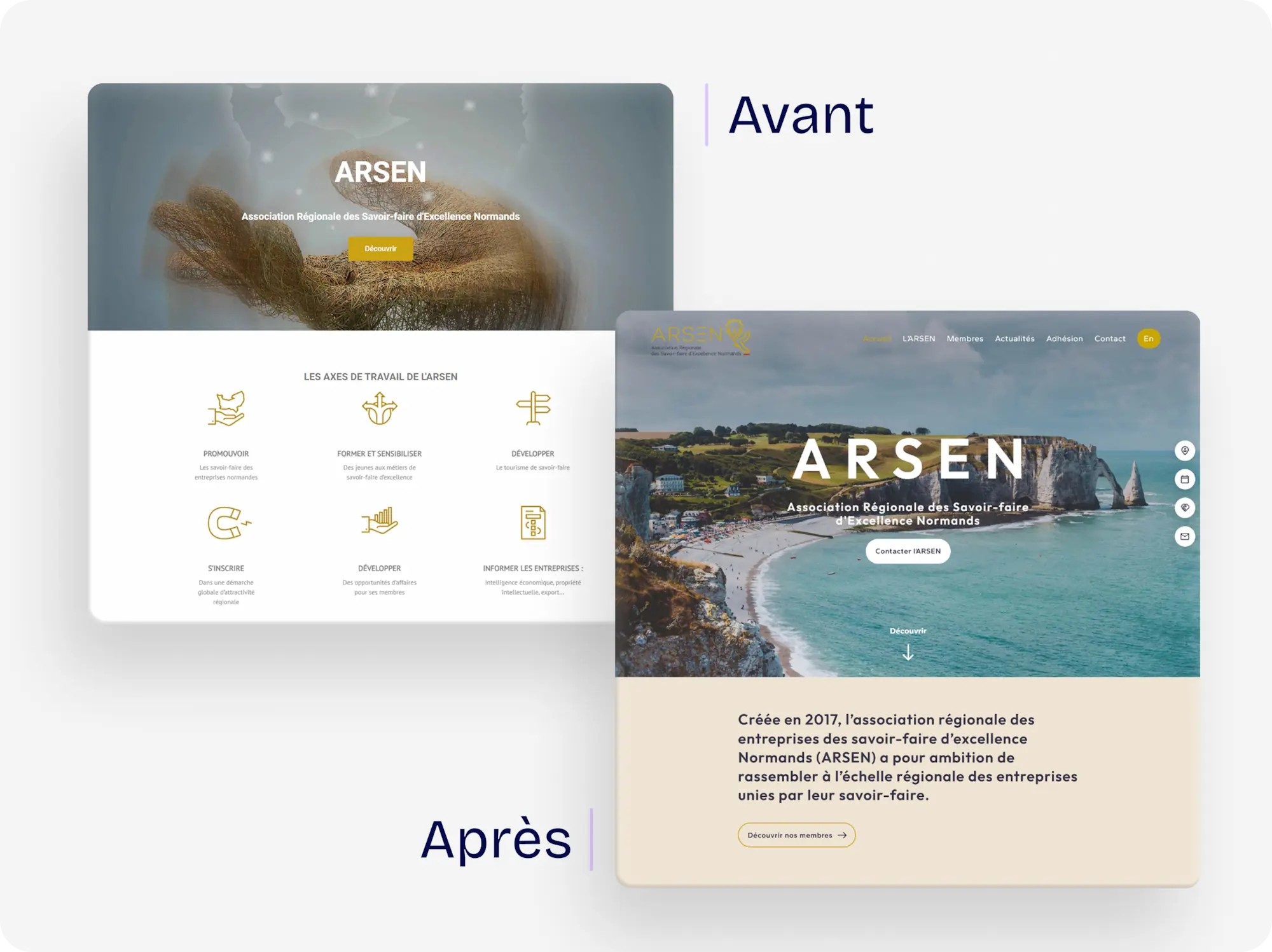 Refonte du site de l'ARSEN : vue avant et vue après de la page d'accueil.