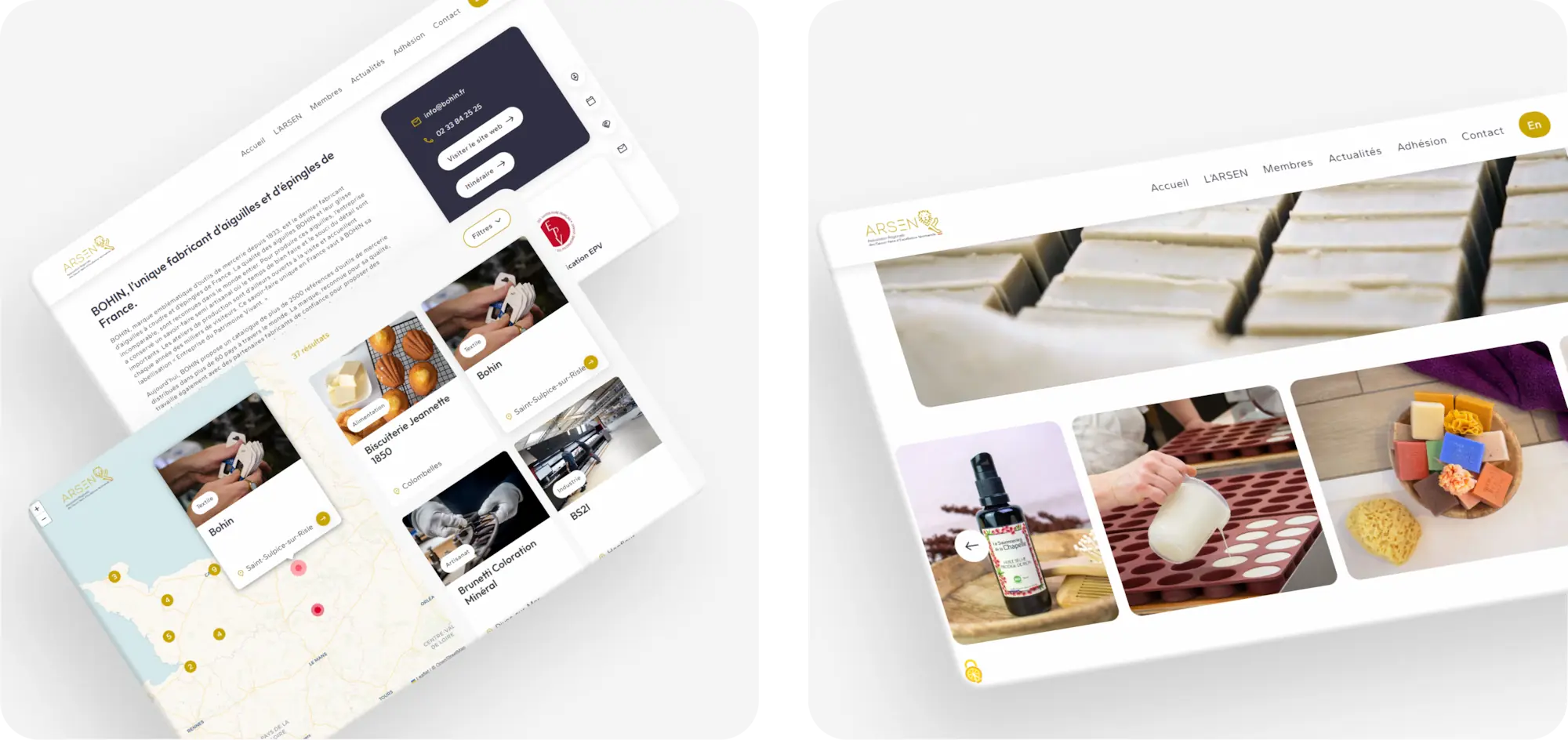 Page de présentation des membres avec carte interactive et de détail d'u membre sur le site web de l'ARSEN