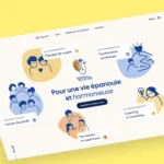 Page d'accueil du site Au Cœur de la Relation avec illustrations rondes représentant les 5 services : thérapie de couple, psychanalyse symbolique, cercles de parole, coaching & consulting, et formations et supervision, autour de l'accroche "Pour une vie épanouie et harmonieuse"
