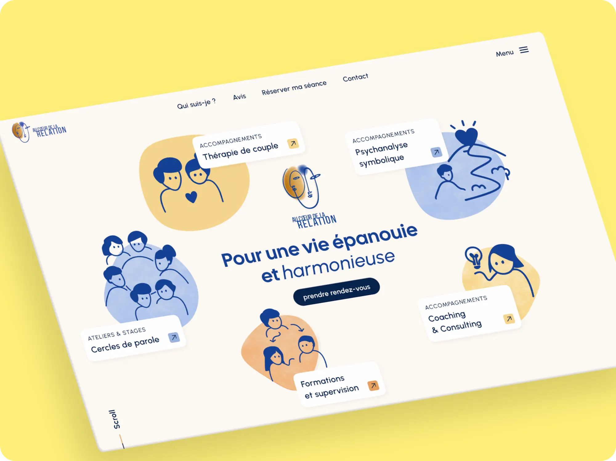 Page d'accueil du site Au Cœur de la Relation avec illustrations rondes représentant les 5 services : thérapie de couple, psychanalyse symbolique, cercles de parole, coaching & consulting, et formations et supervision, autour de l'accroche "Pour une vie épanouie et harmonieuse"