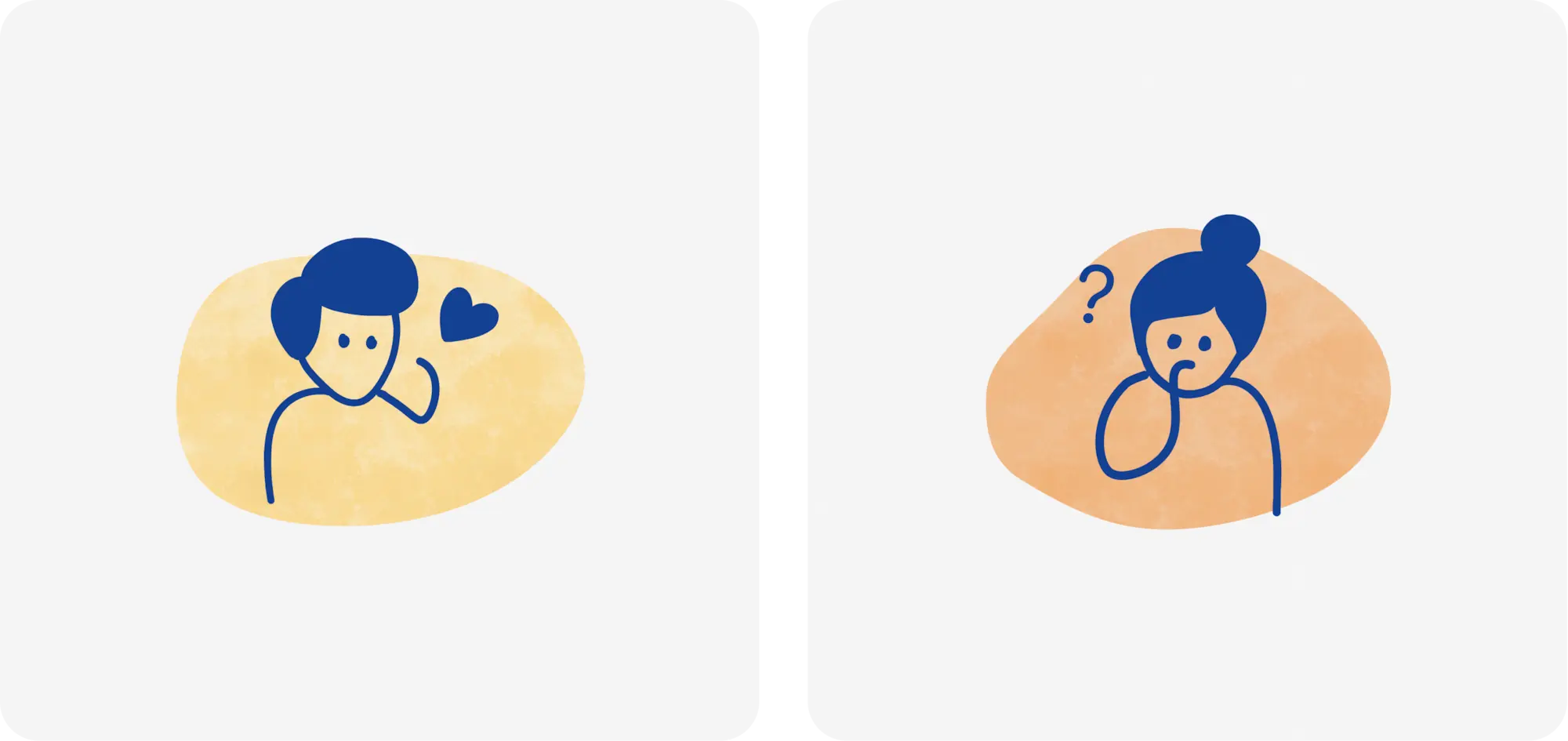 Deux illustrations du site Au Cœur de la Relation : personnage bleu tenant un cœur sur fond jaune, symbolisant l'amour de soi, et personnage féminin songeur avec un point d'interrogation sur fond orange, symbolisant le questionnement intérieur