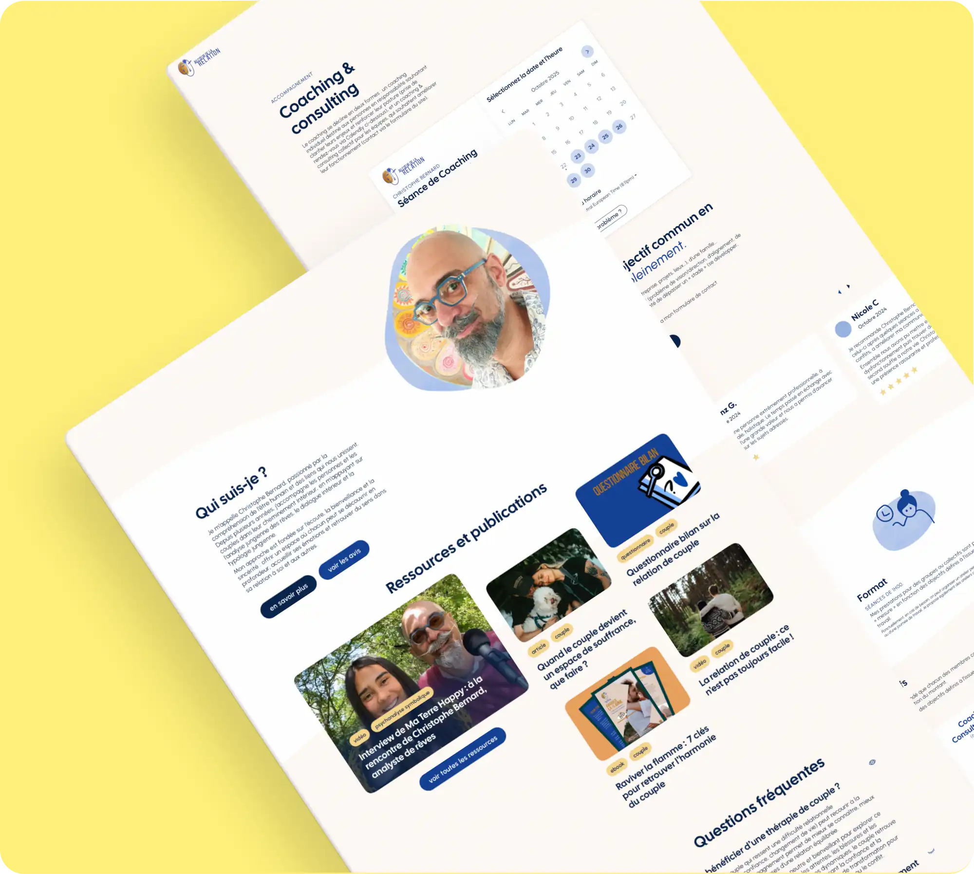 Aperçu de plusieurs pages du site Au Cœur de la Relation : page coaching & consulting avec calendrier de prise de rendez-vous, portrait de Christophe Bernard, section "Qui suis-je ?", avis clients et ressources éditoriales sur la relation de couple