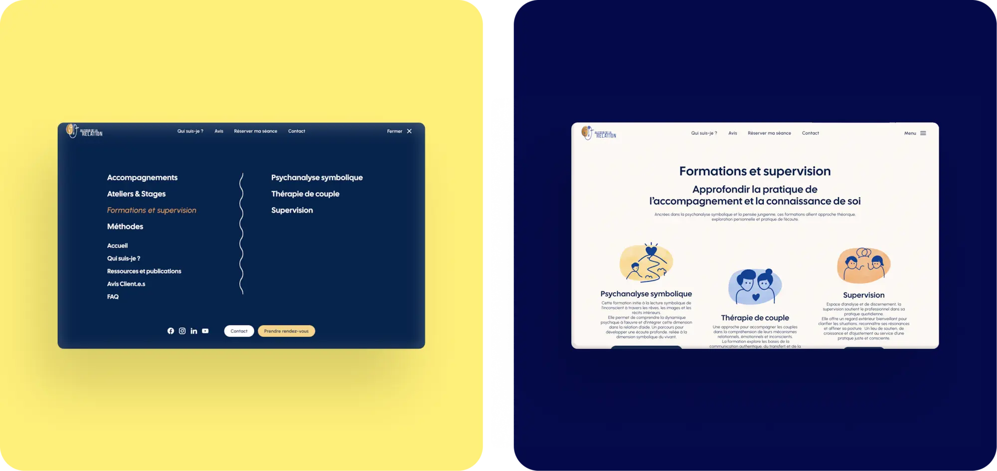 Deux vues desktop du site Au Cœur de la Relation : menu de navigation ouvert sur fond bleu marine avec l'entrée "Formations et supervision" en surbrillance, et page formations présentant trois offres illustrées : psychanalyse symbolique, thérapie de couple et supervision