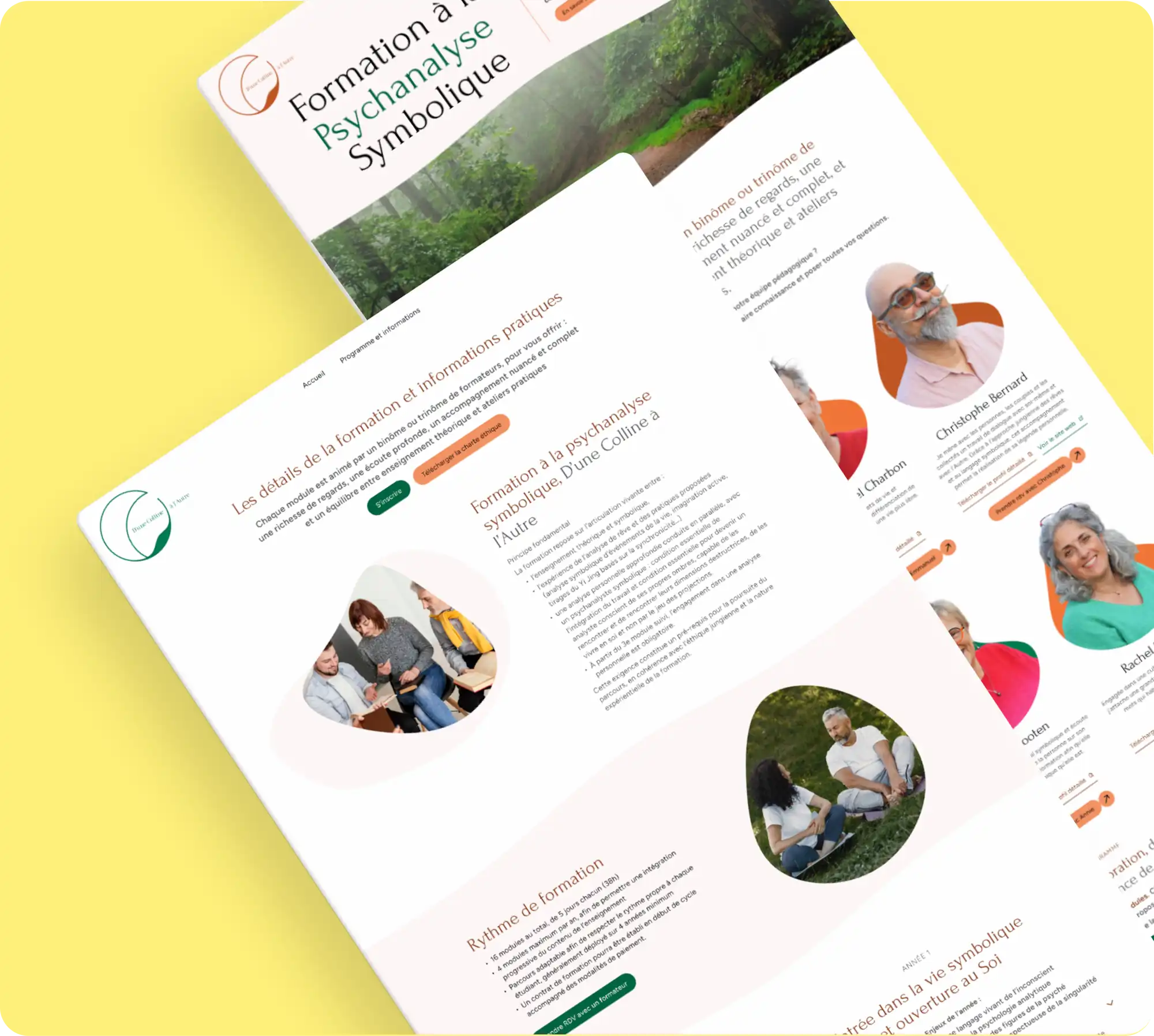 Deux pages du site d'une Colline à l'Autre superposée : page d'accueil présentation de la formation