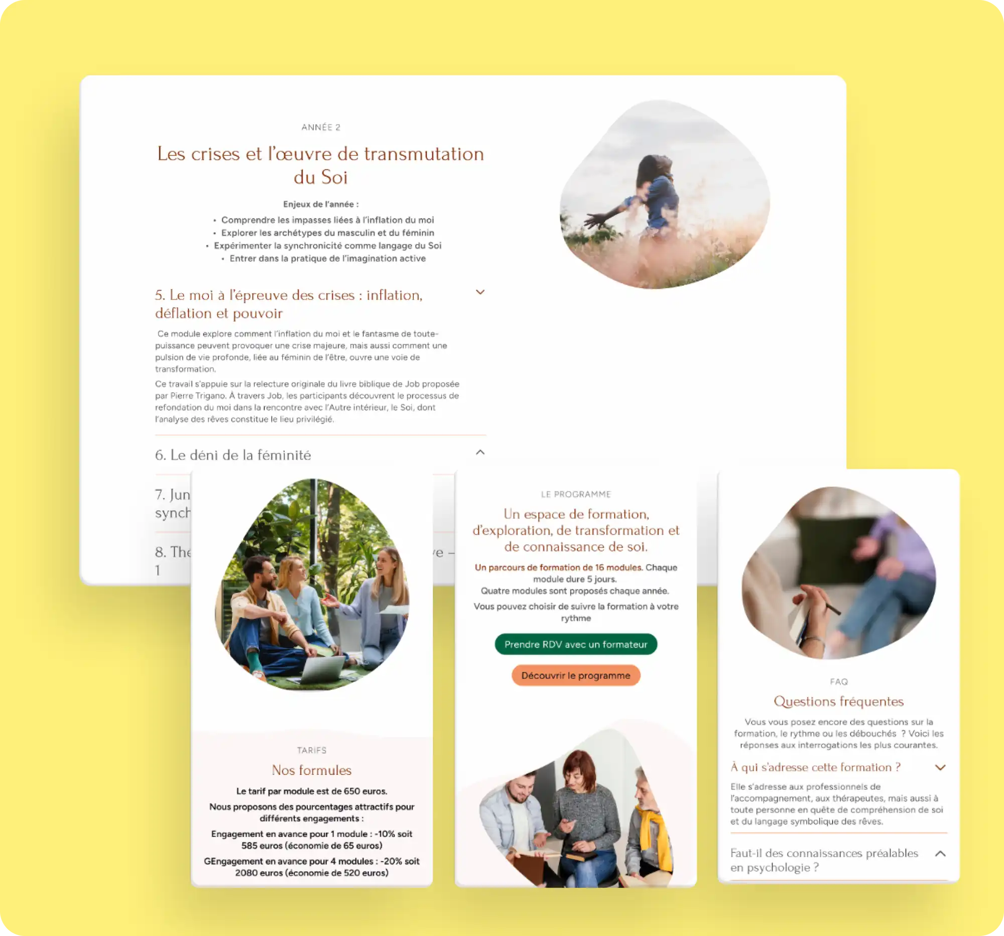 Page FAQ du site d'une Colline à l'Autre avec 3 pages devant version mobiles présentant les tarifs, le programme et la FAQ