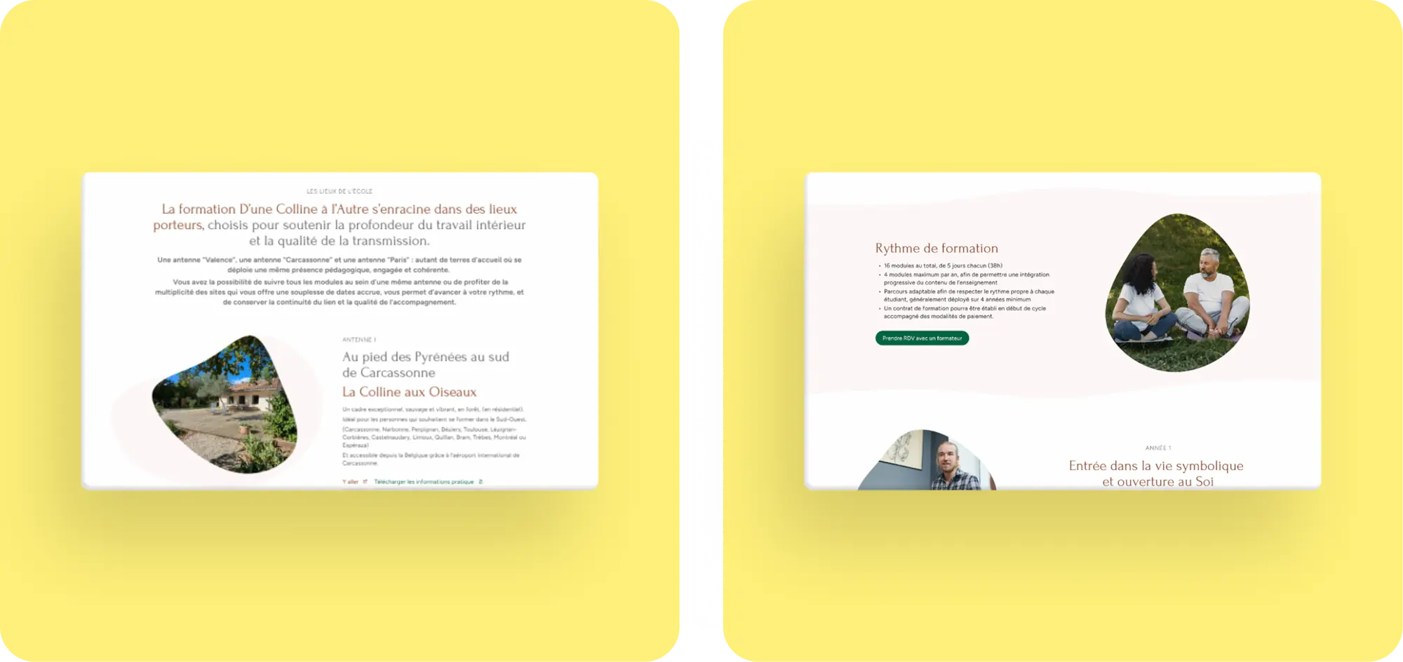 Deux pages du site d'une Colline à l'Autre : présentation des lieux et de la formation