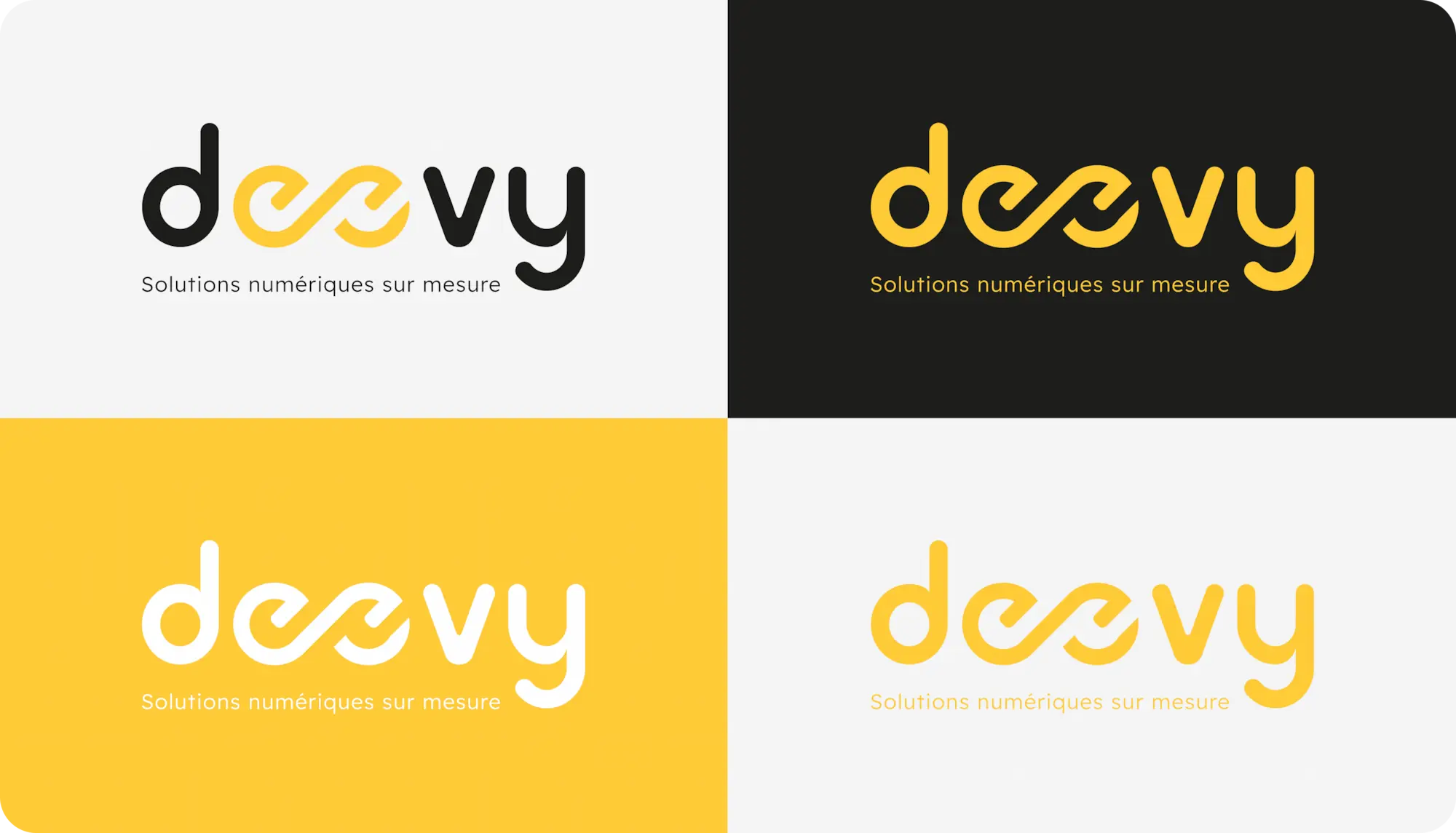 4 déclinaisons de couleurs du logo deevy 8, version horizontal (couleur, fond sombre, fond jaune et fond clair)